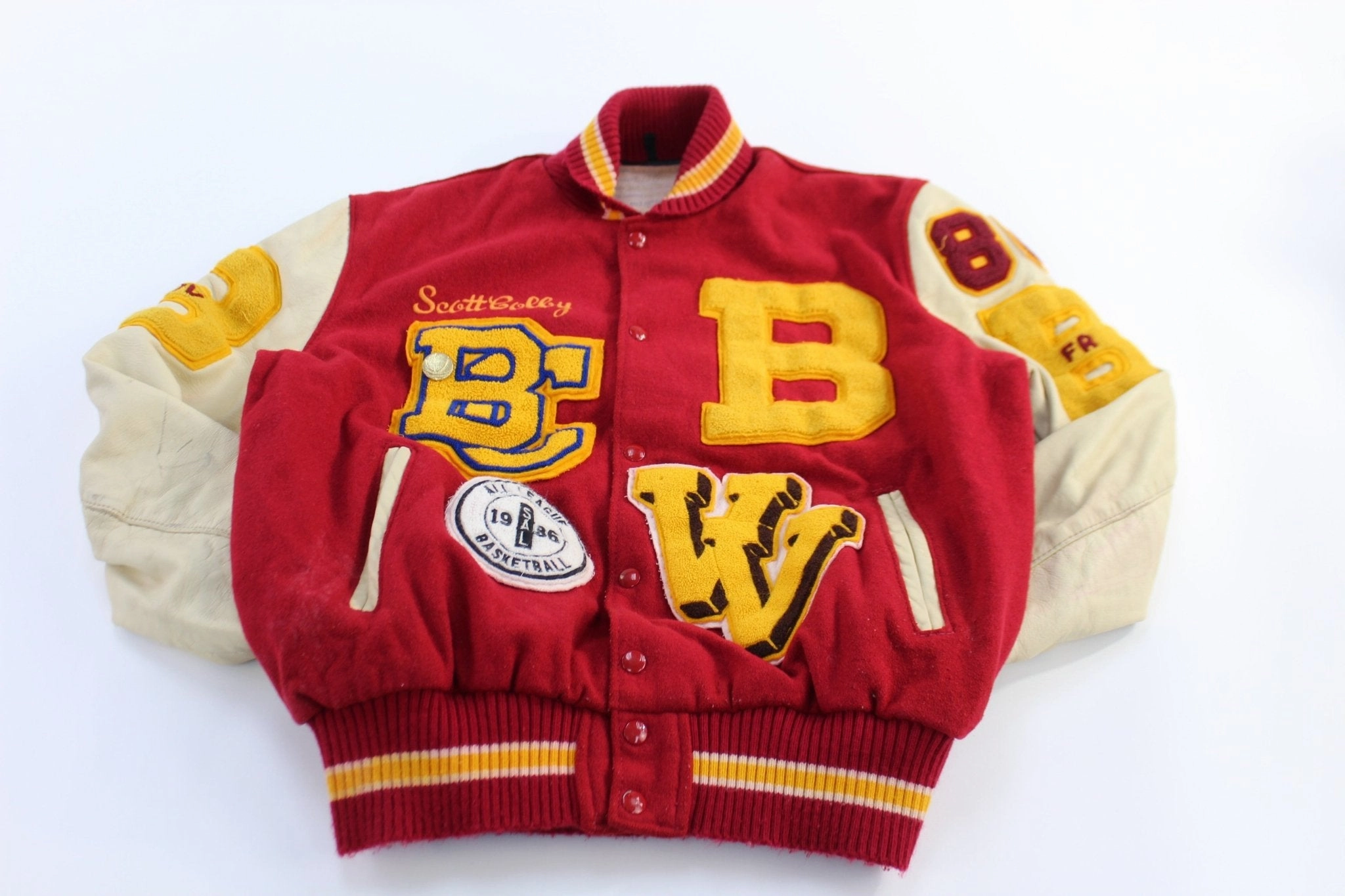 Announce 1986 Red & Cream Embroidered Letterman Varsity Jacket
