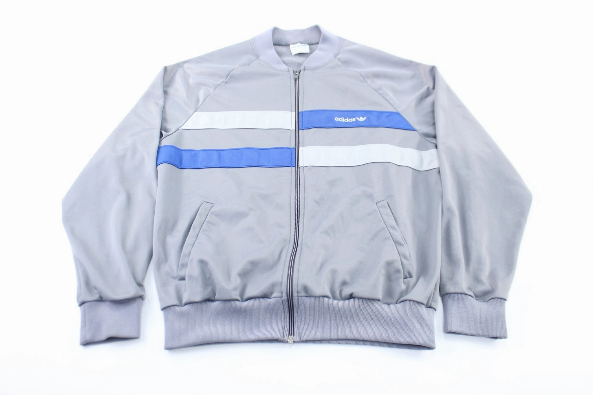 suitable for sunny days Invoice 80's Adidas Embroidered Logo Grey & Blue Zip Up Jacket