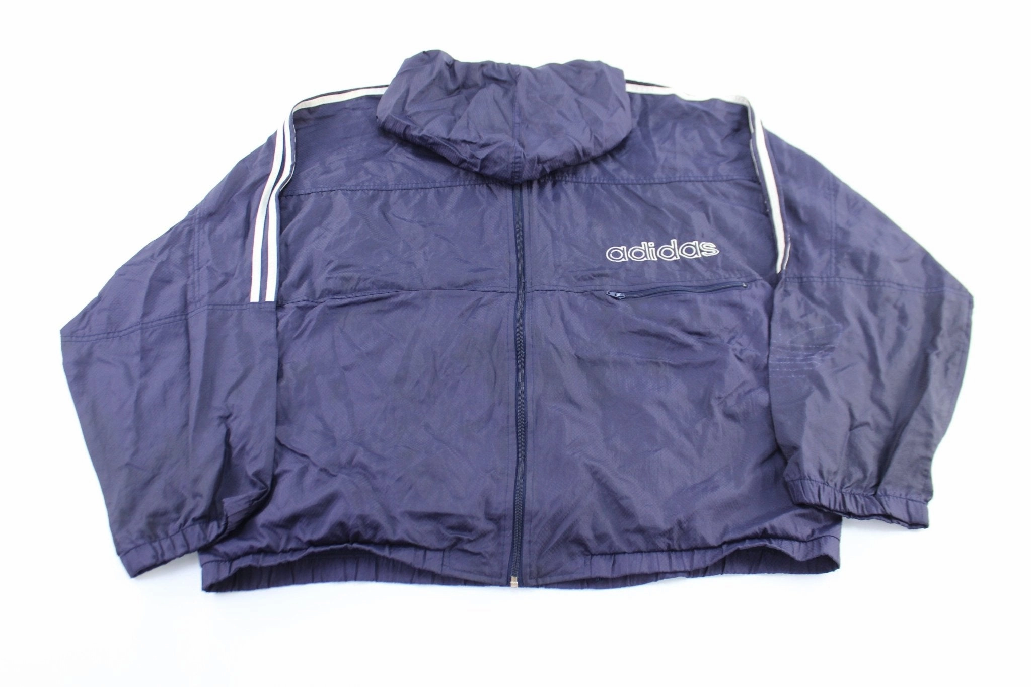 80's Adidas Embroidered Logo Navy Blue & White Striped Zip Up Jacket Raglan Sleeve Construction