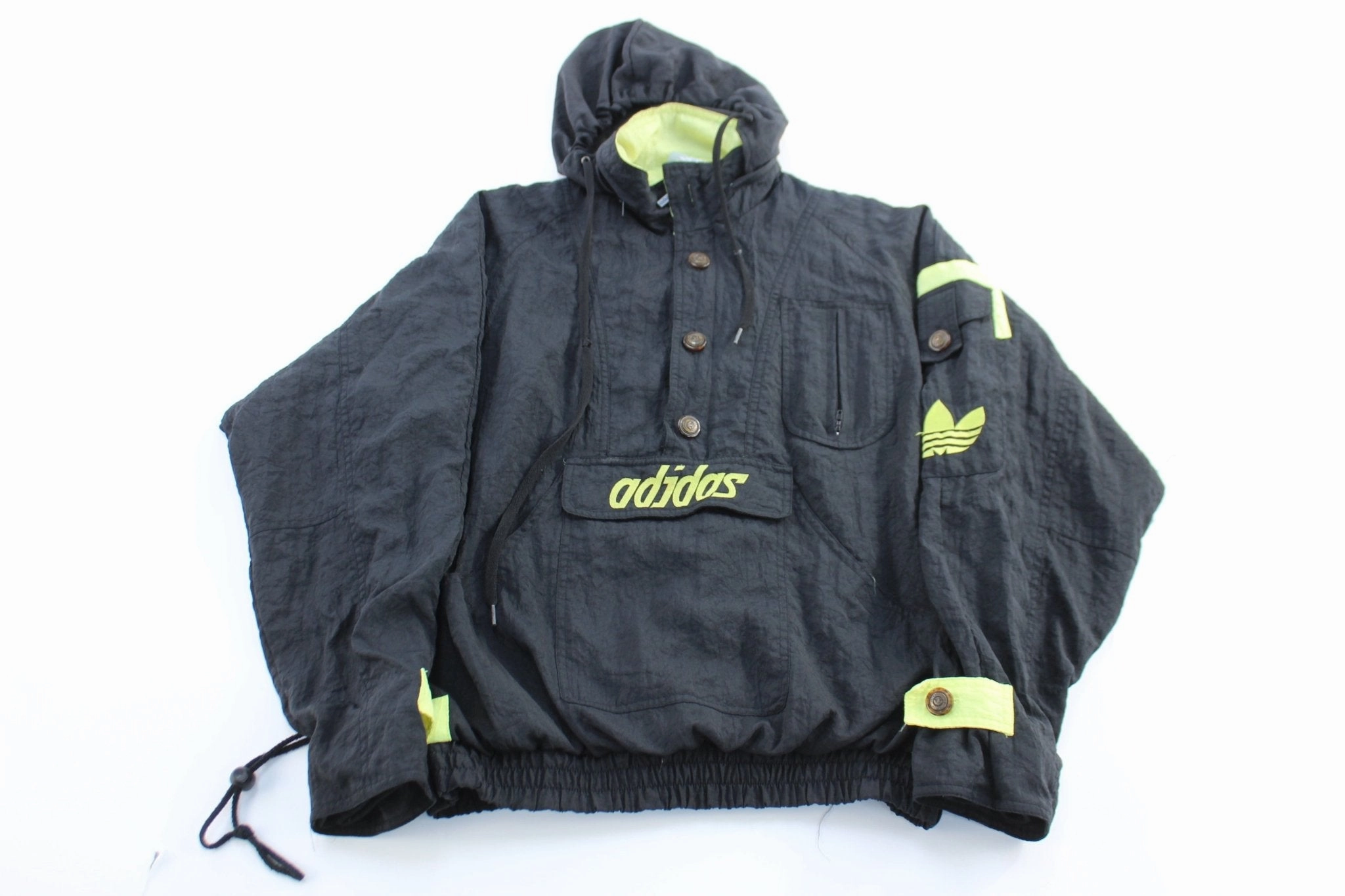 80's Adidas Embroidered Logo Neon & Black Pullover Jacket AntiStaticLining