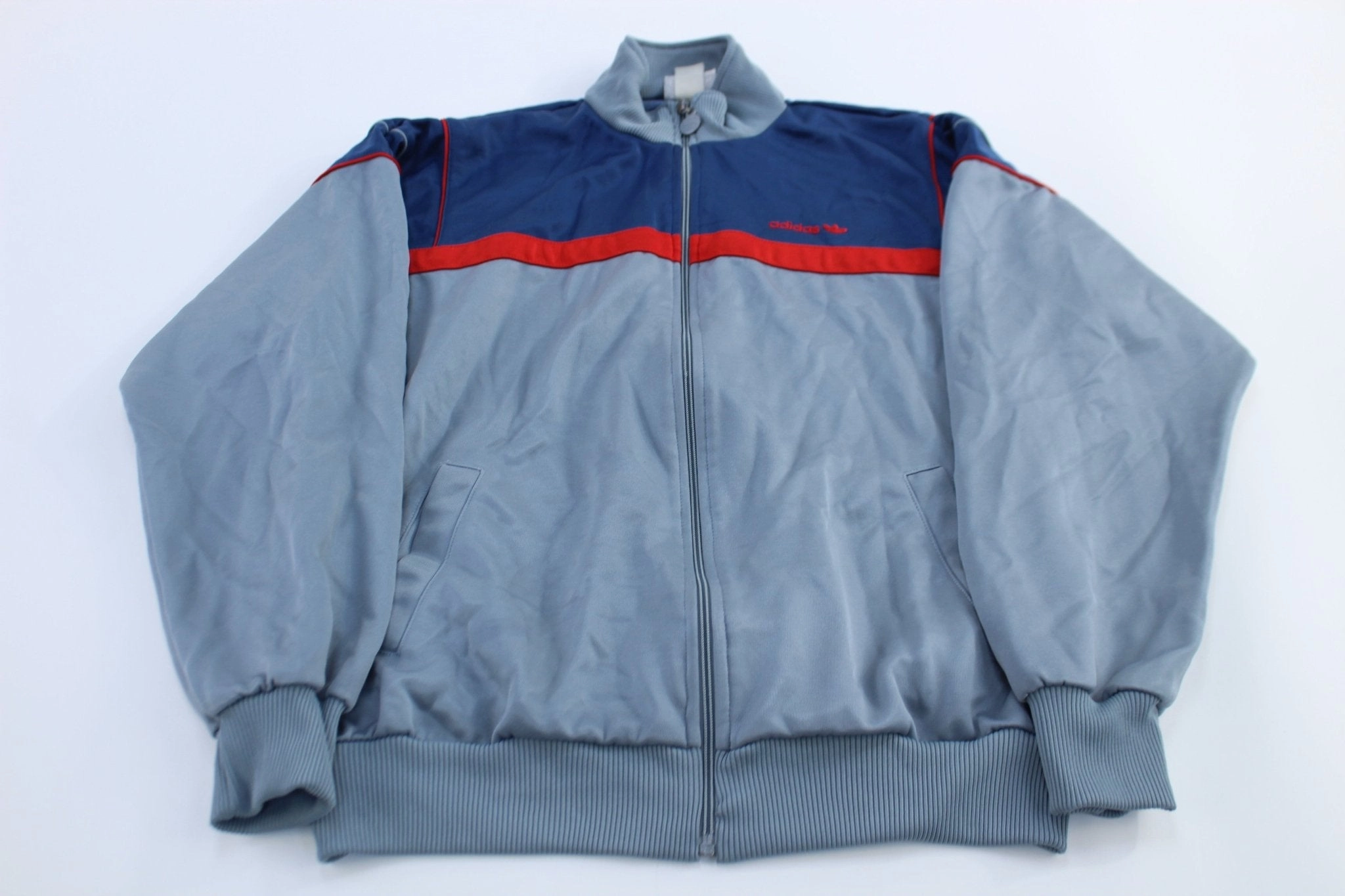 80's Adidas Embroidered Logo Red, Blue, & Grey Track Jacket Reflective Piping Adult