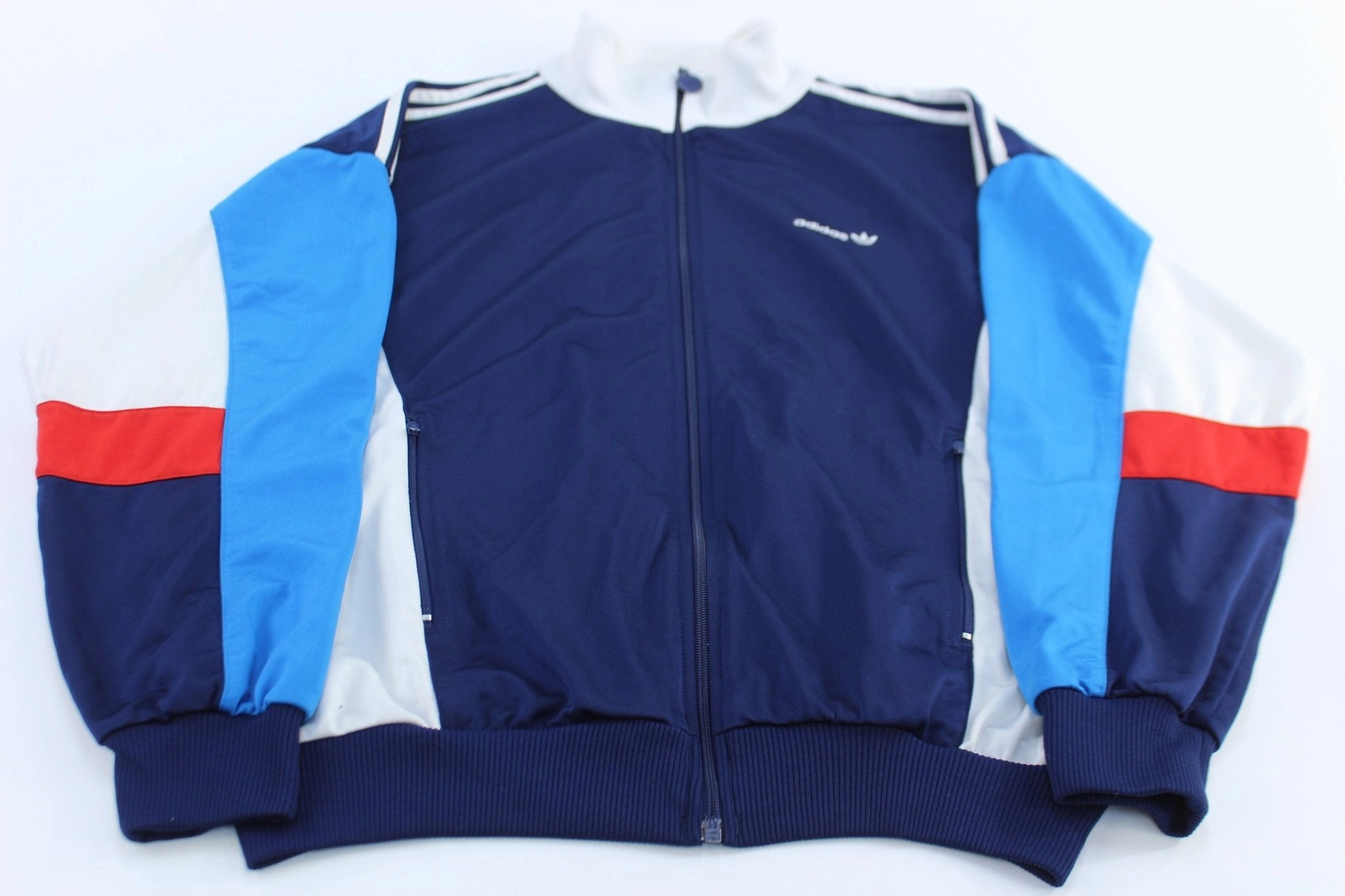 80's Adidas Embroidered Logo Red, Blue, & White Track Jacket Stylish Protection Quick Adjust Straps