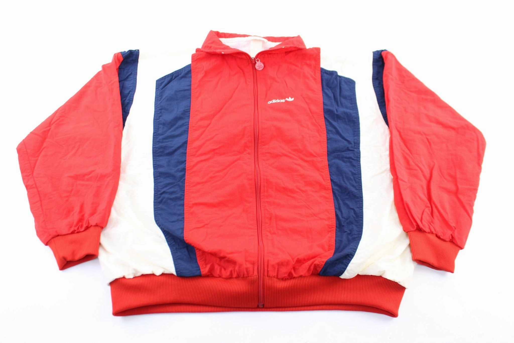 80's Adidas Embroidered Logo Red, Blue, & White Zip Up Jacket Perforated Details Customizable Fit