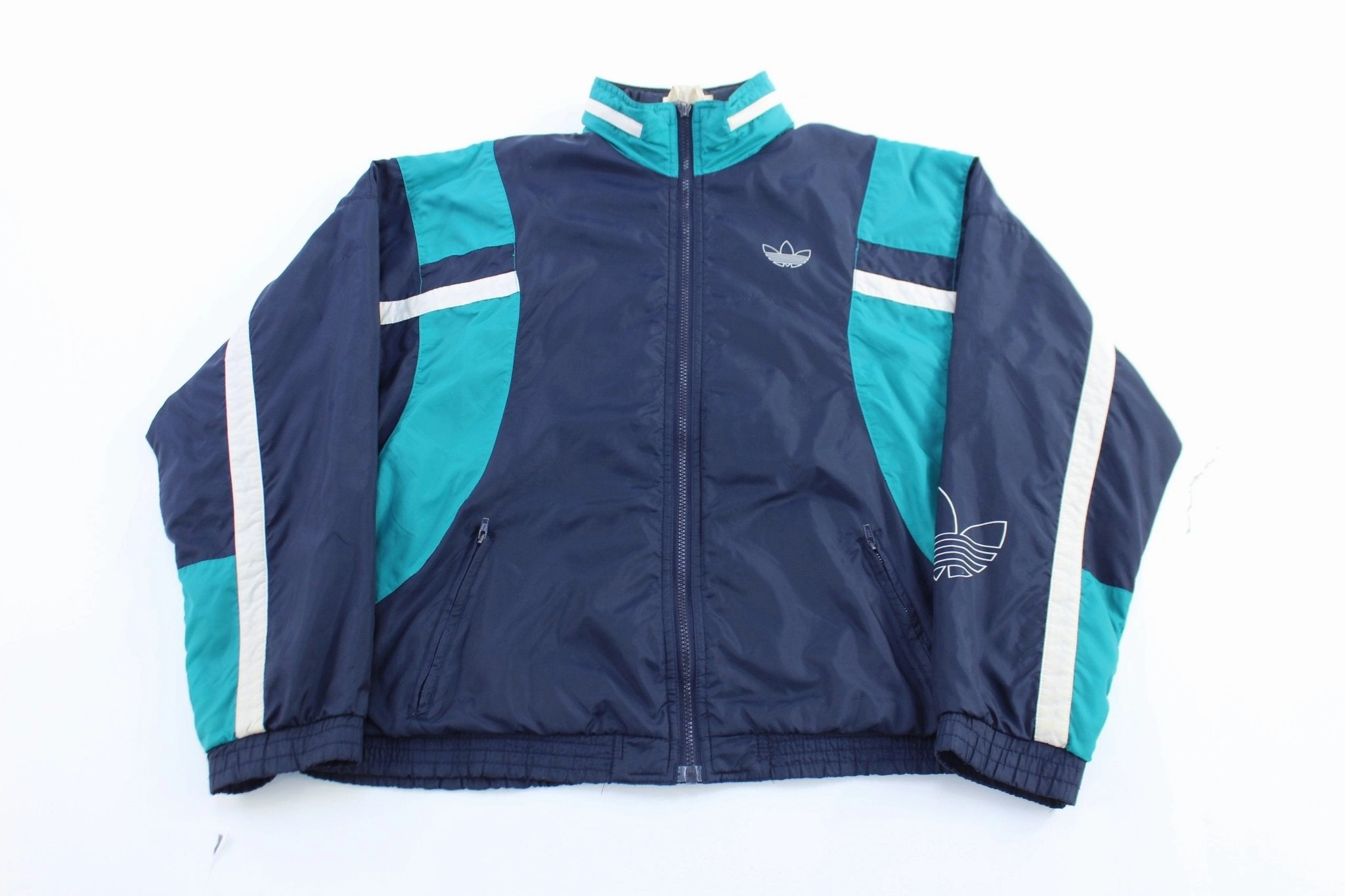 Analysis Round-neck 80's Adidas Trefoil Logo Blue, Teal, & White Zip Up Jacket