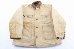 80's Carhartt Logo Patch Tan Blanket Lined Chore Jacket Lightweight Fit