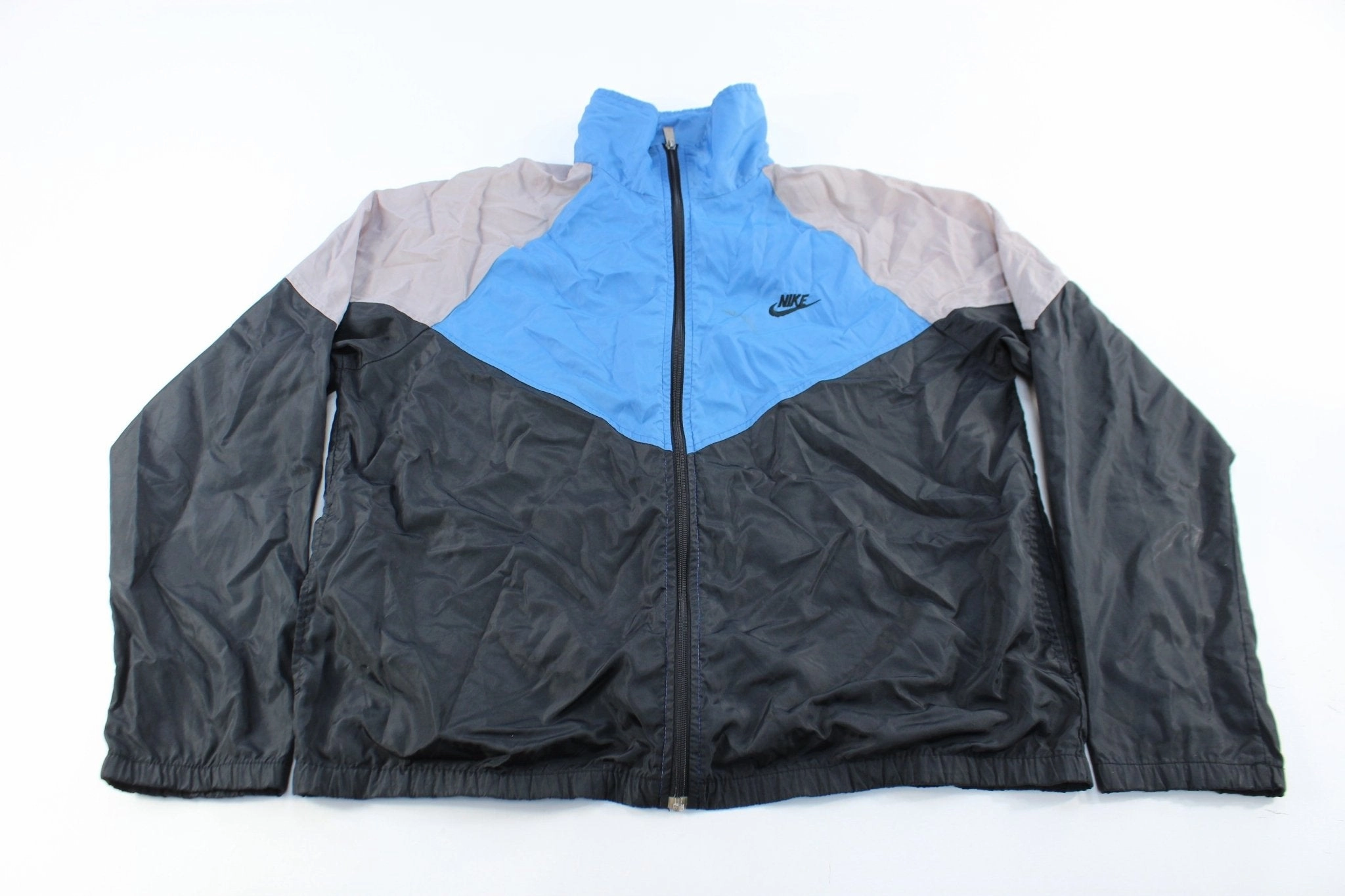 Jog Night Out 80's Nike Embroidered Logo Black, Blue, & Grey Zip Up Jacket