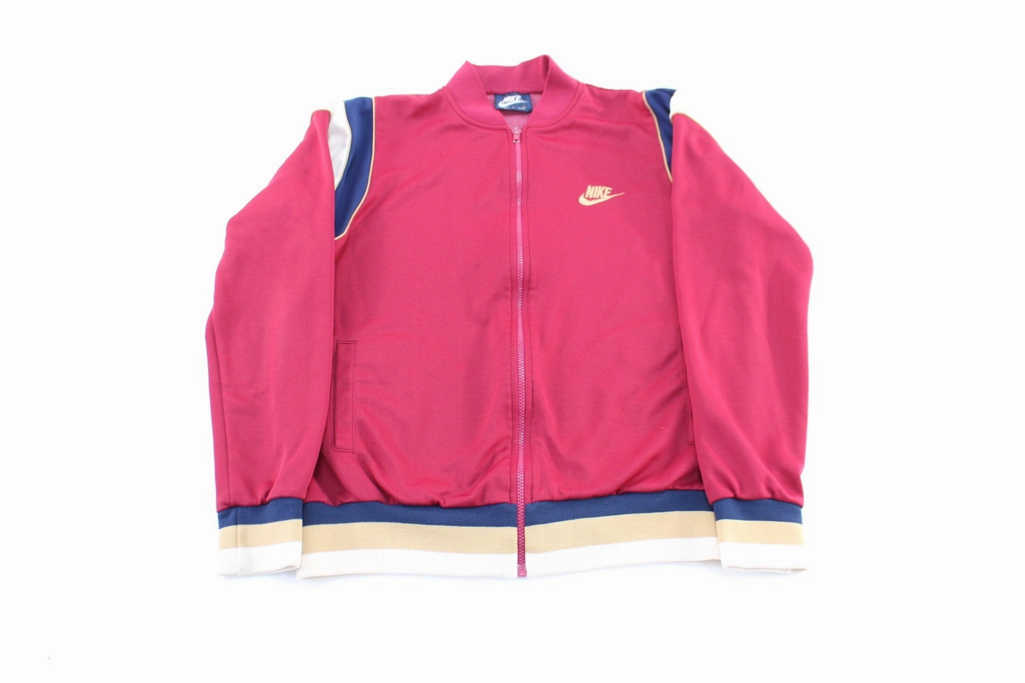 80's Nike Embroidered Logo Burgundy, Navy, & White Zip Up Jacket Double Stitched Edging Non Bulky Silhouette
