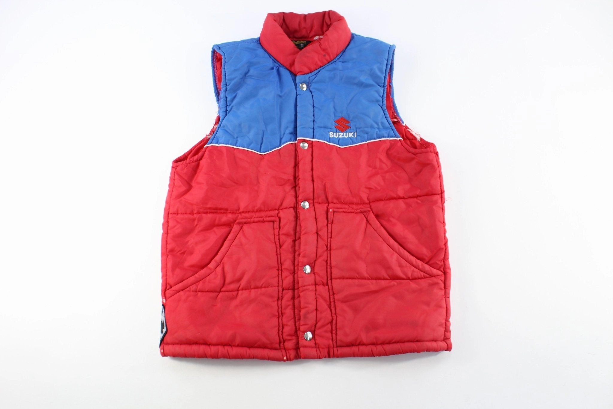 All Weather Versatility Diploma 80's Suzuki Embroidered Red & Blue Puffer Vest