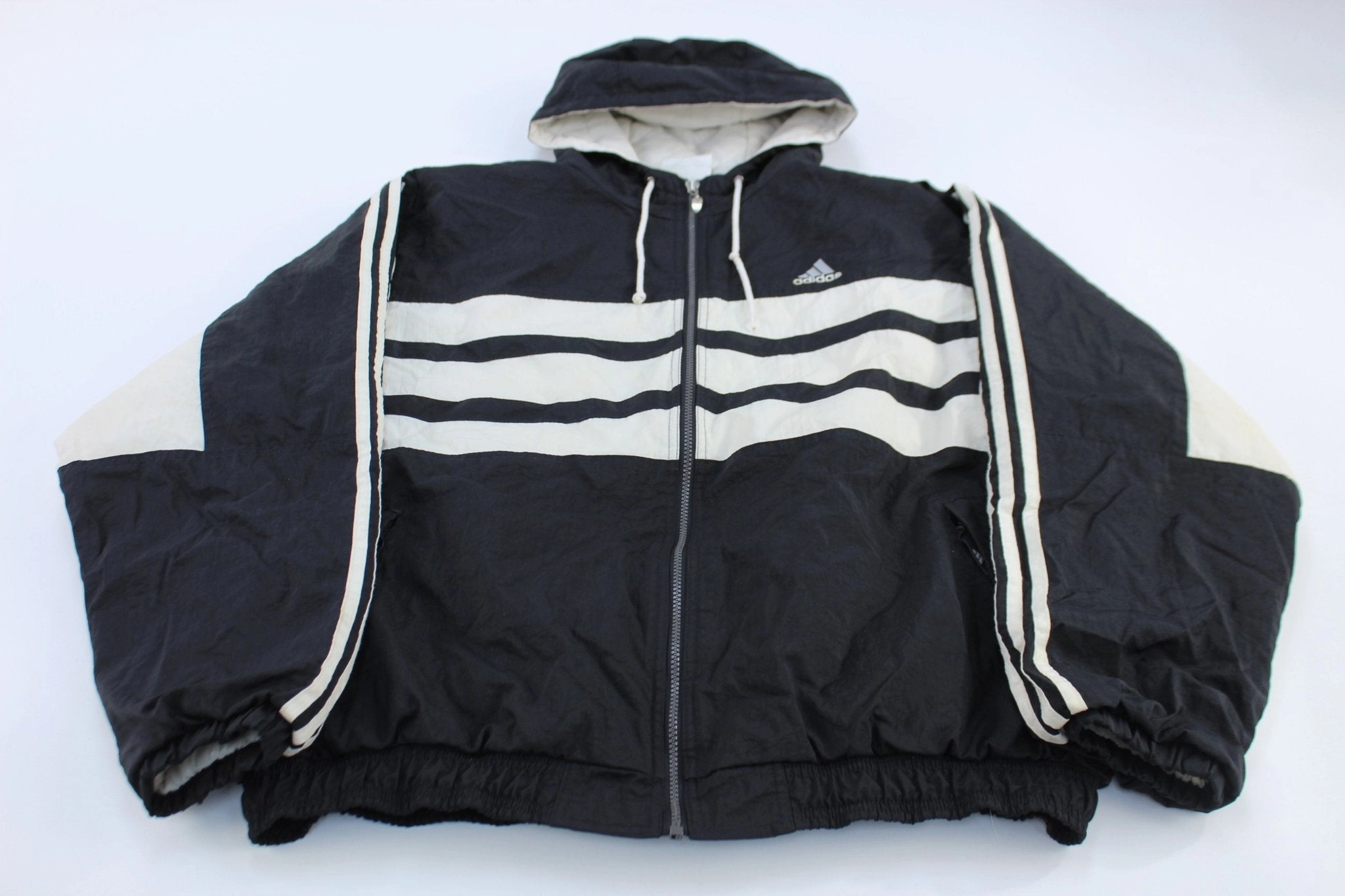 90's Adidas Embroidered Logo Black & White Striped Hooded Jacket Active Protection Weatherproof Shell