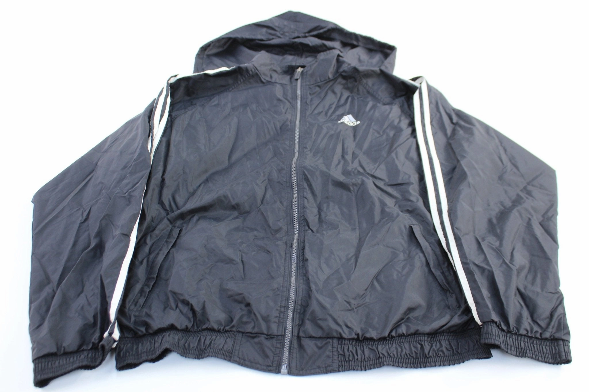 90's Adidas Embroidered Logo Black & White Striped Zip Up Jacket QuickDry Moisture Wicking Ergonomic Pattern