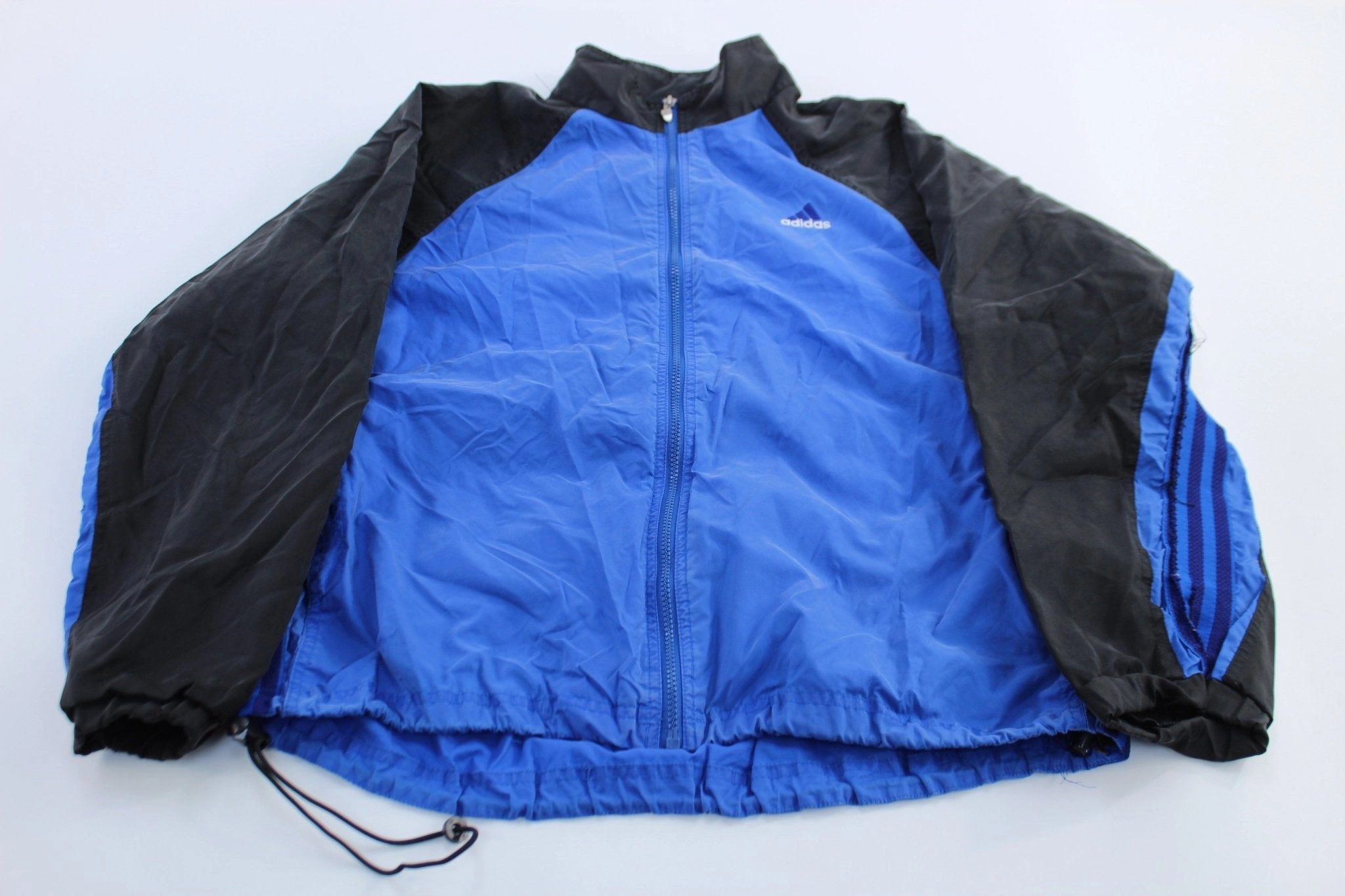 90's Adidas Embroidered Logo Blue & Black Striped Zip Up Jacket Warm Comfort