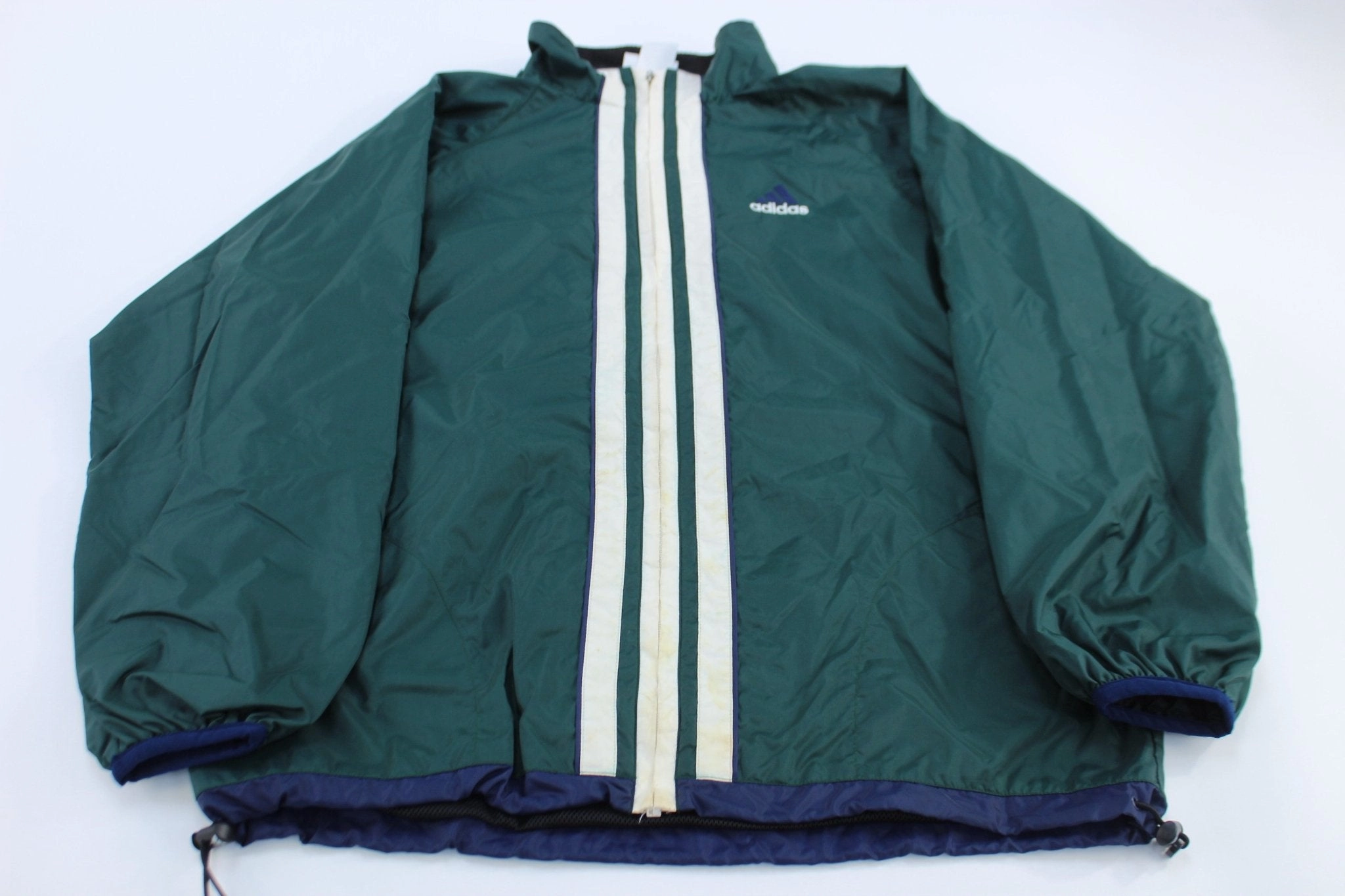 90's Adidas Embroidered Logo Blue, Green, & White Striped Zip Up Jacket movement Thermoregulating Insulation