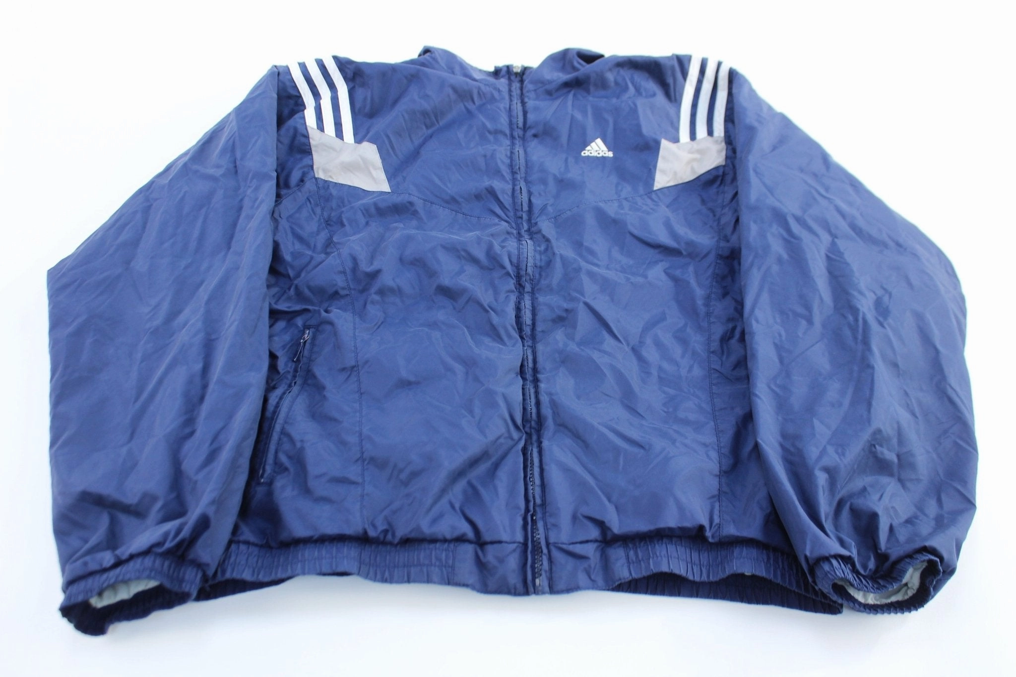 Soft Touch leggings 90's Adidas Embroidered Logo Blue, Grey, & White Striped Jacket