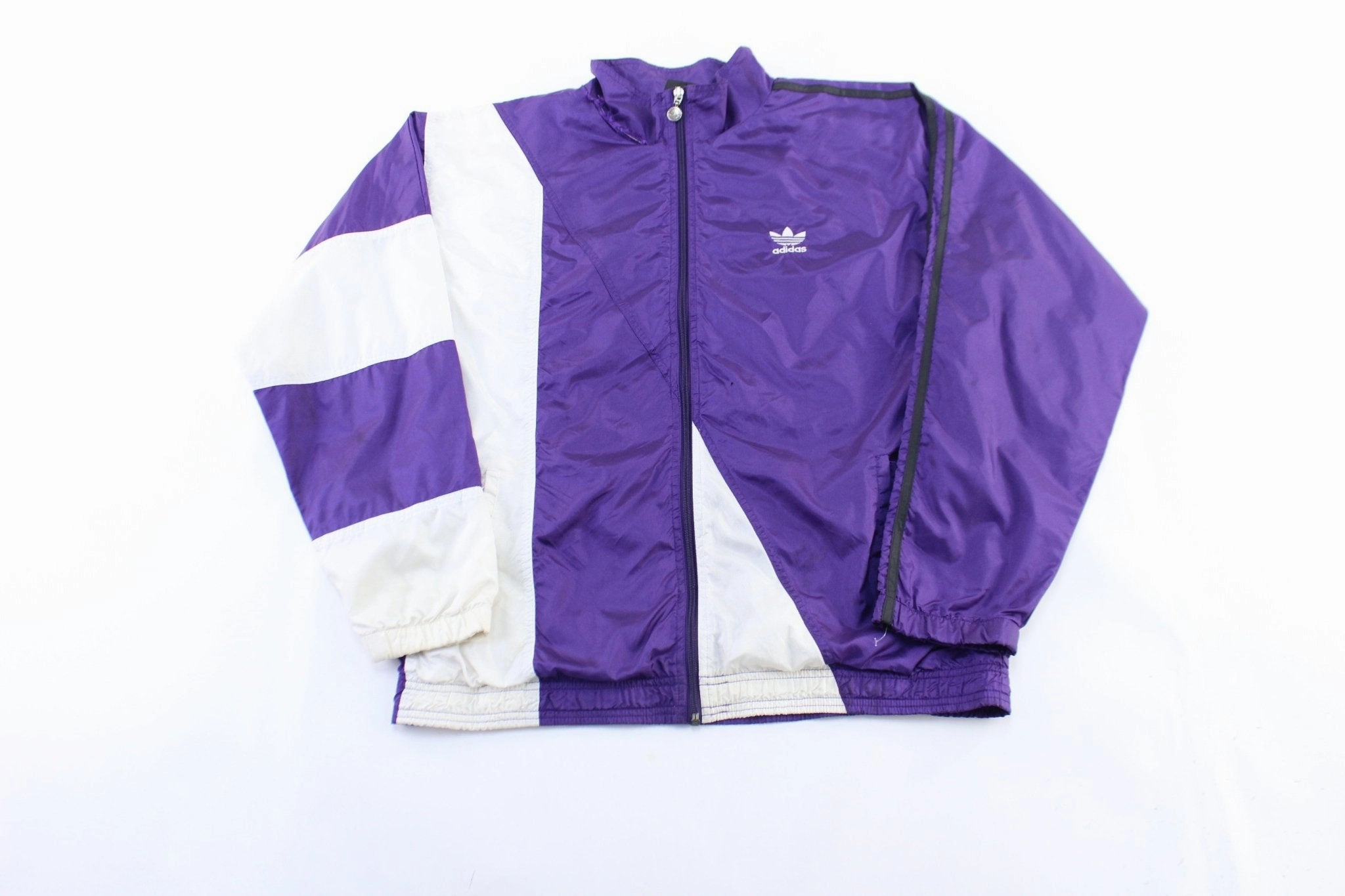 Proclaim 90's Adidas Embroidered Logo White & Purple Striped Zip Up Jacket