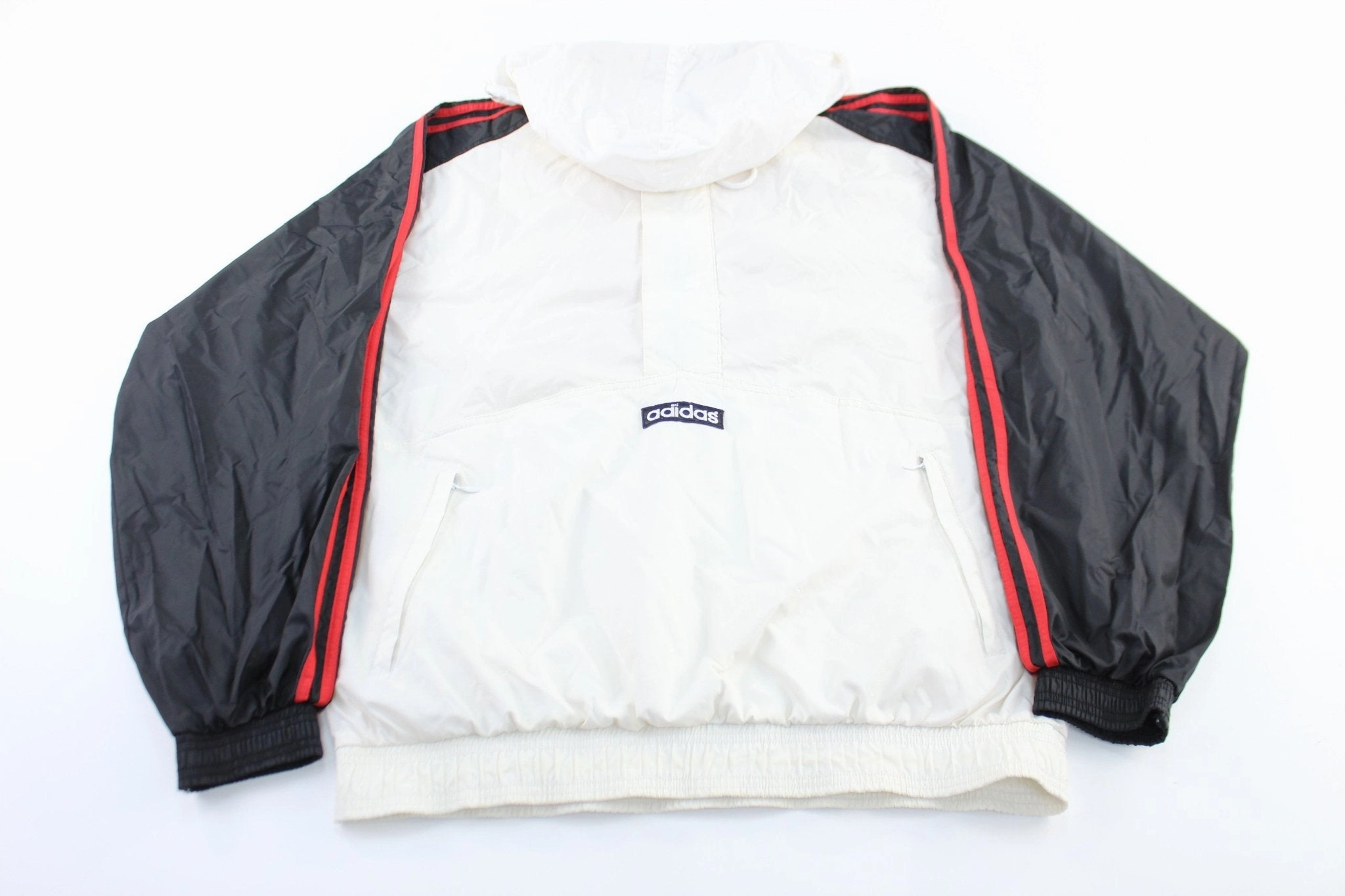 90's Adidas Embroidered Logo White, Black, & Red Striped Zip Up Jacket Equity
