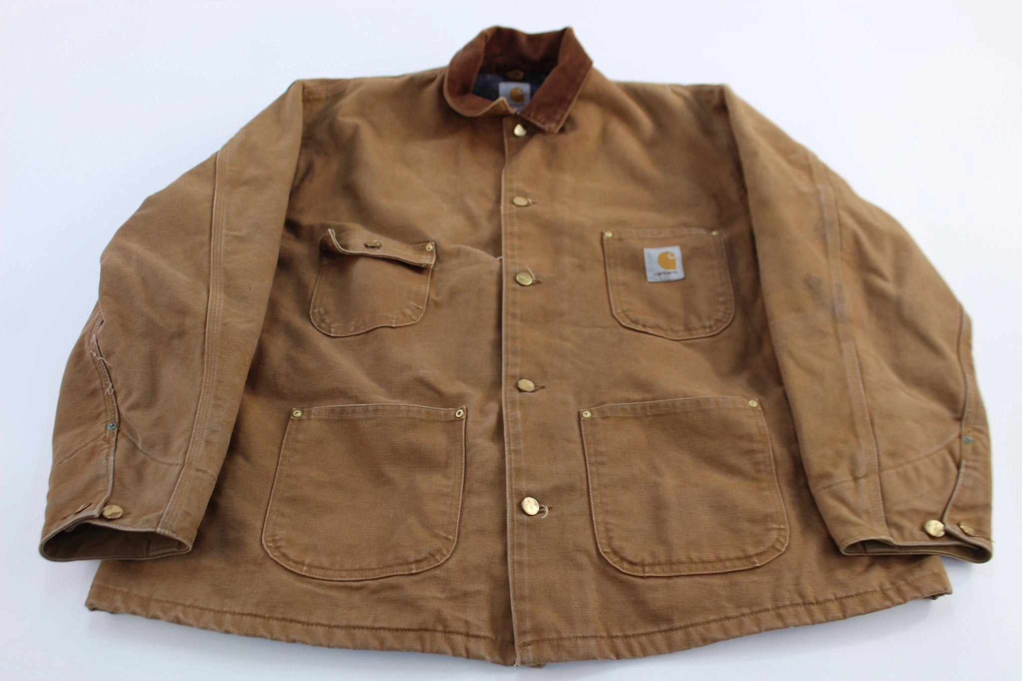 SnapFasteners 90's Carhartt Logo Patch Tan Blanket Lined Chore Jacket