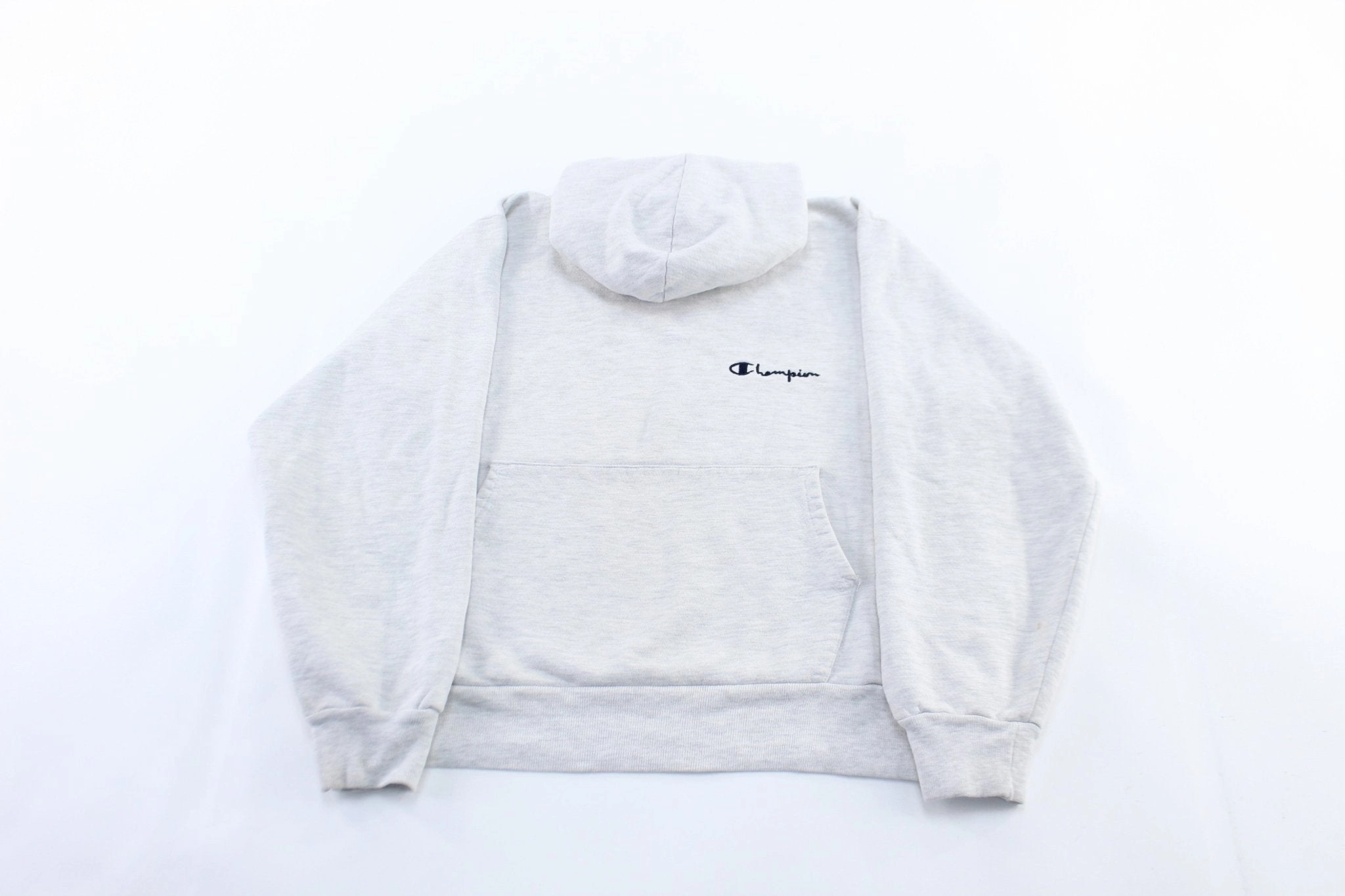 90's Champion Embordered Logo Light Grey Pullover Hoodie bus ride