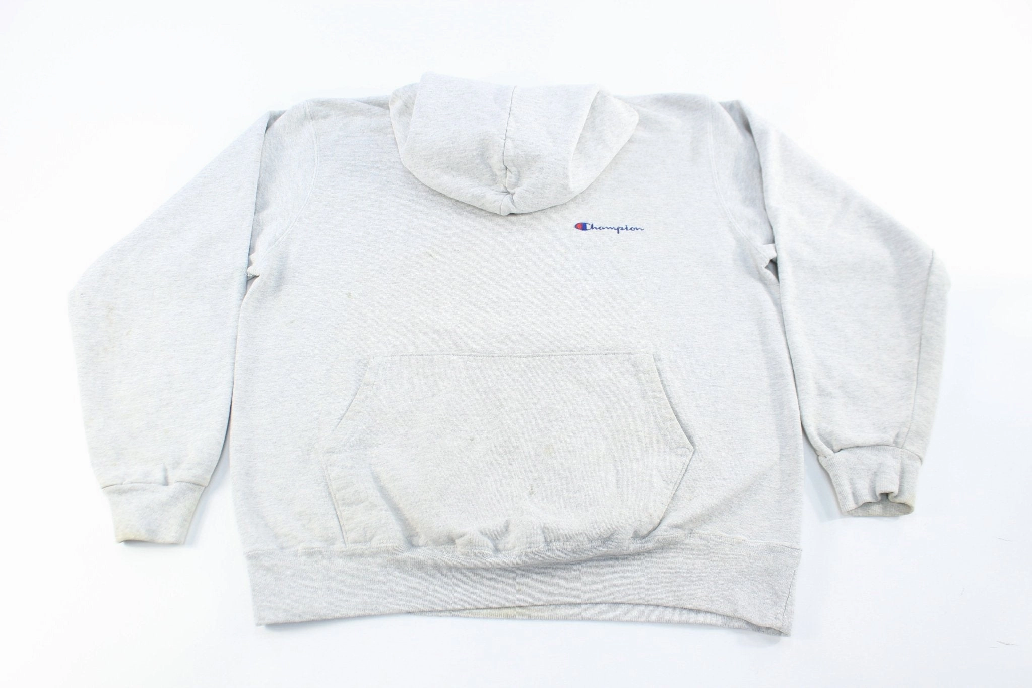 90's Champion Embroidered Logo Grey Pullover Hoodie Compression Strap Adjustment pattern - mixing