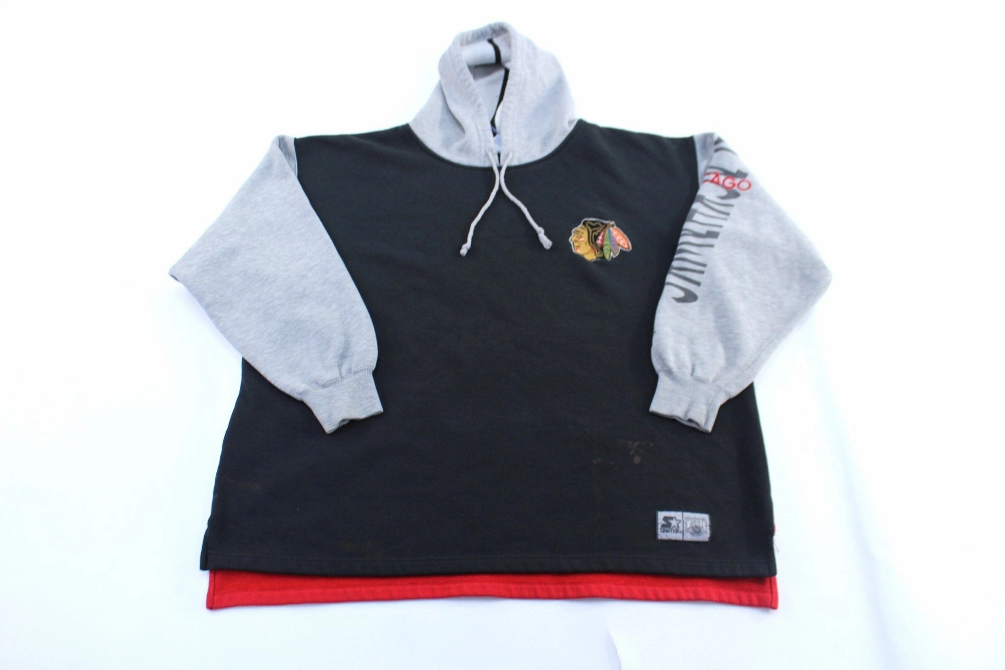 90's Chicago Blackhawks Embroidered Starter Pullover Hoodie suitable for summer sports