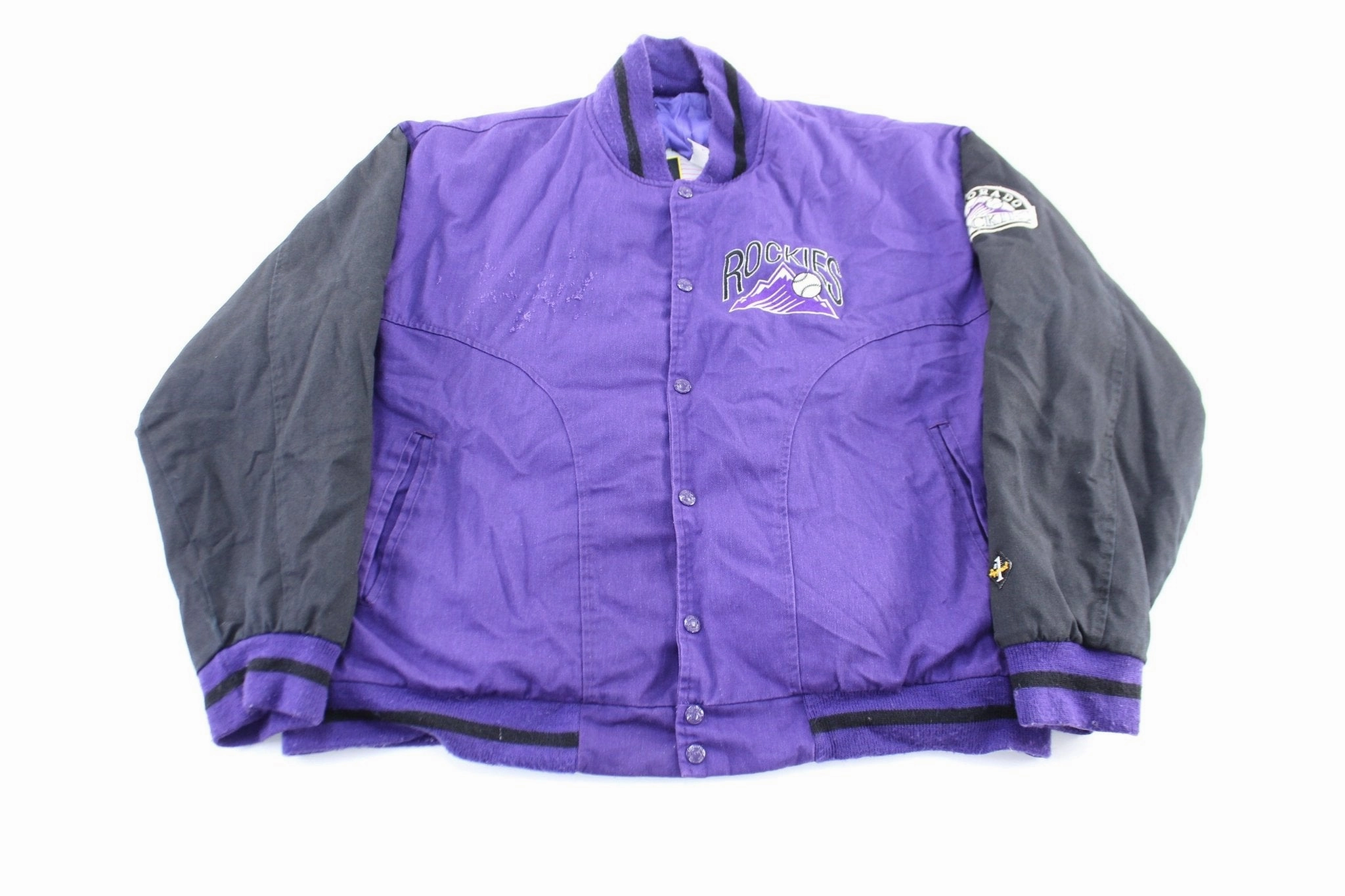 Reinforced Hem Layered Look 90's Colorado Rockies Embroidered Black & Purple Varsity Jacket
