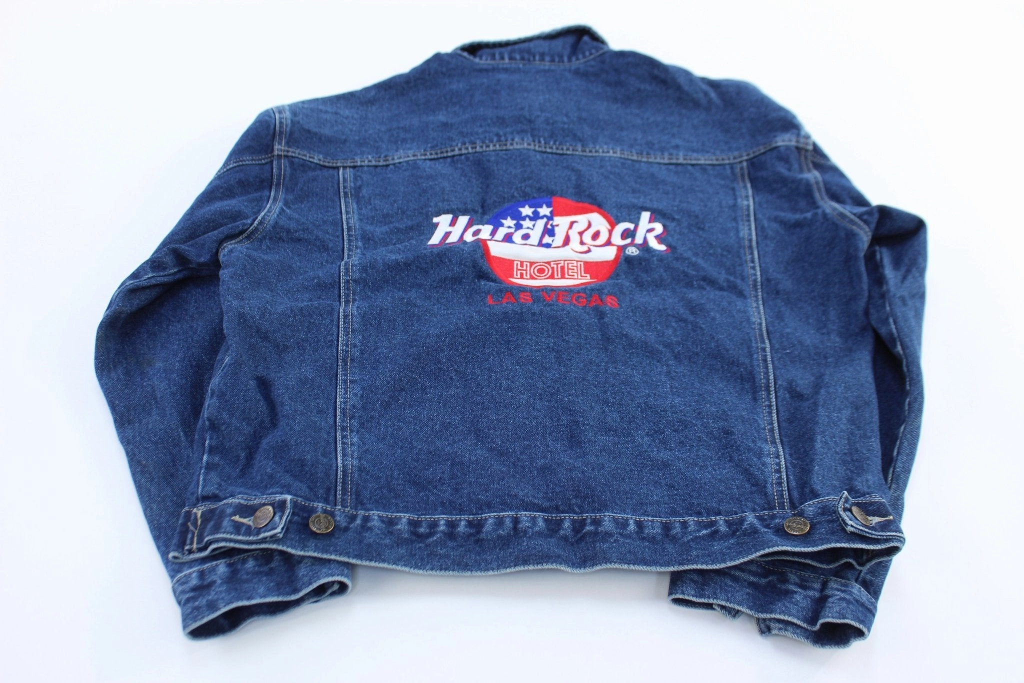 90's Hard Rock Cafe Embroidered Denim Trucker Jacket Stretch Panels