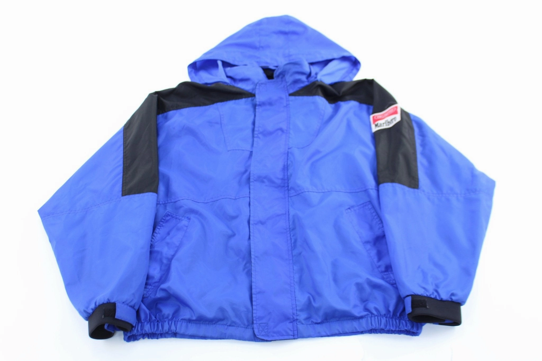 90's Marlboro Logo Patch Blue & Black Zip Up Jacket Draw Water Resistant Fabric