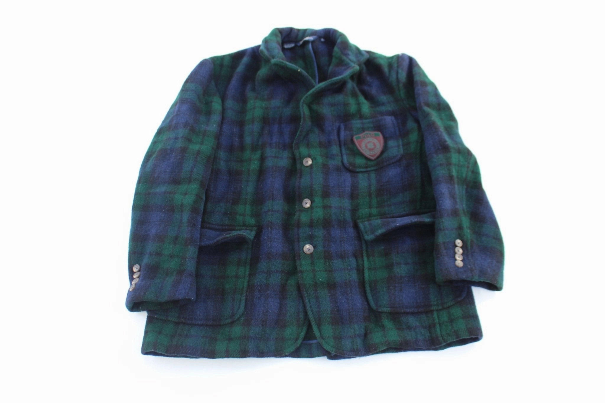 Soft Shell Double Stitched Edging 90's Polo by Ralph Lauren Blue & Green Plaid Wool Blazer