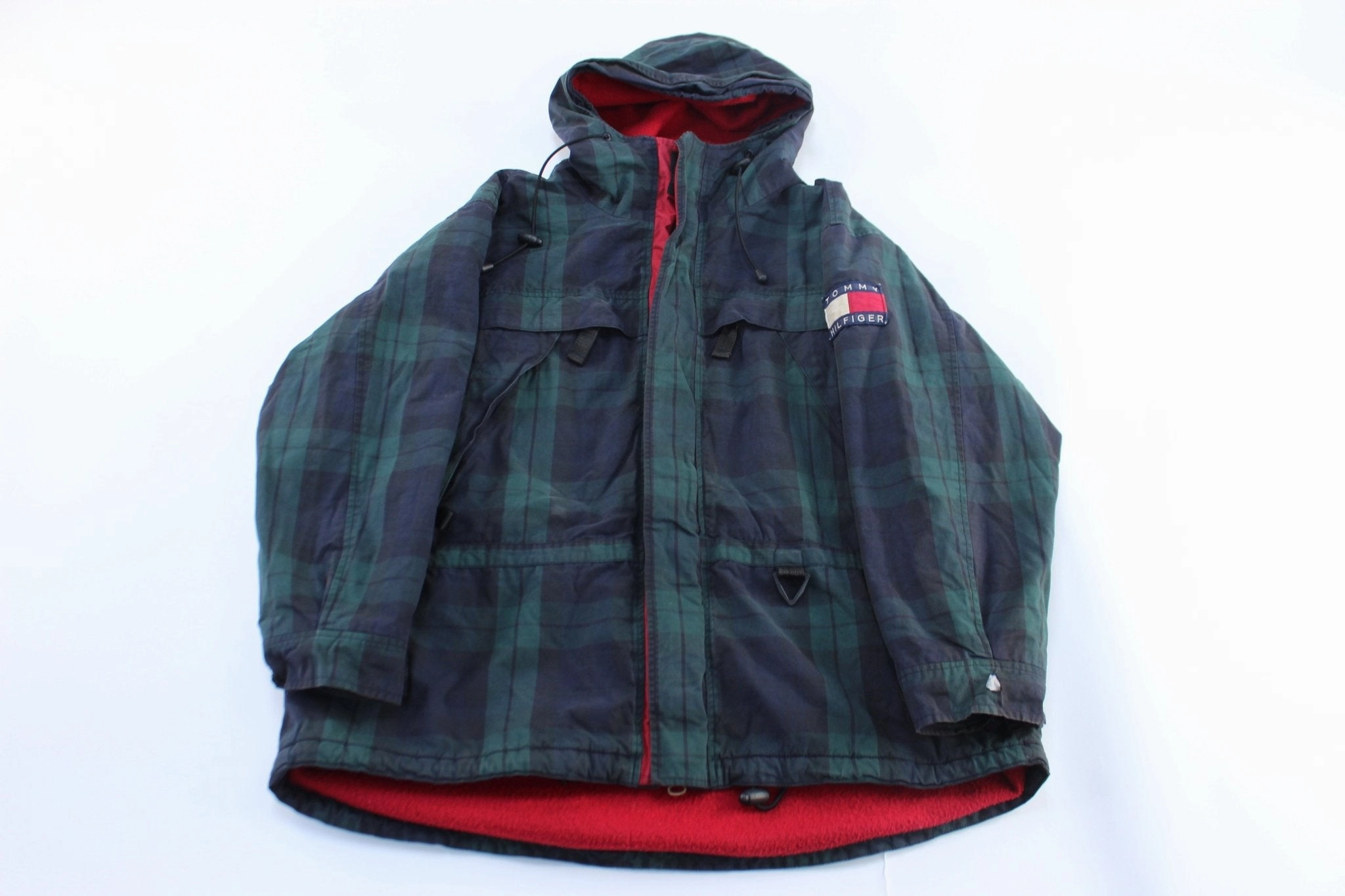 State 90's Tommy Hilfiger Logo Patch Blue & Green Plaid Hooded Jacket