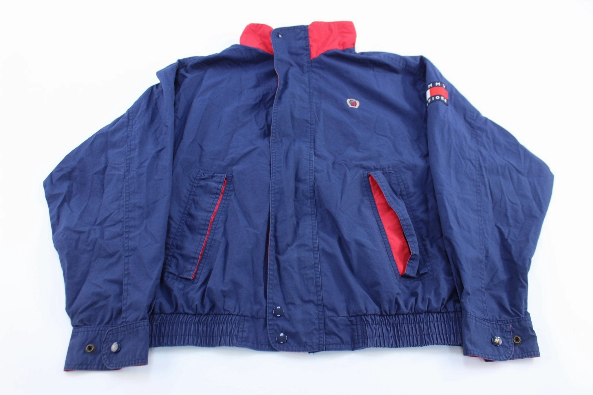Stylish Insulation 90's Tommy Hilfiger Logo Patch Blue Zip Up Jacket
