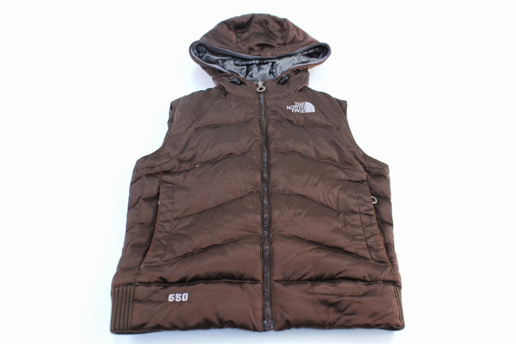 Women's The North Face 550 Embroidered Brown Puffer Vest Zippered Vents