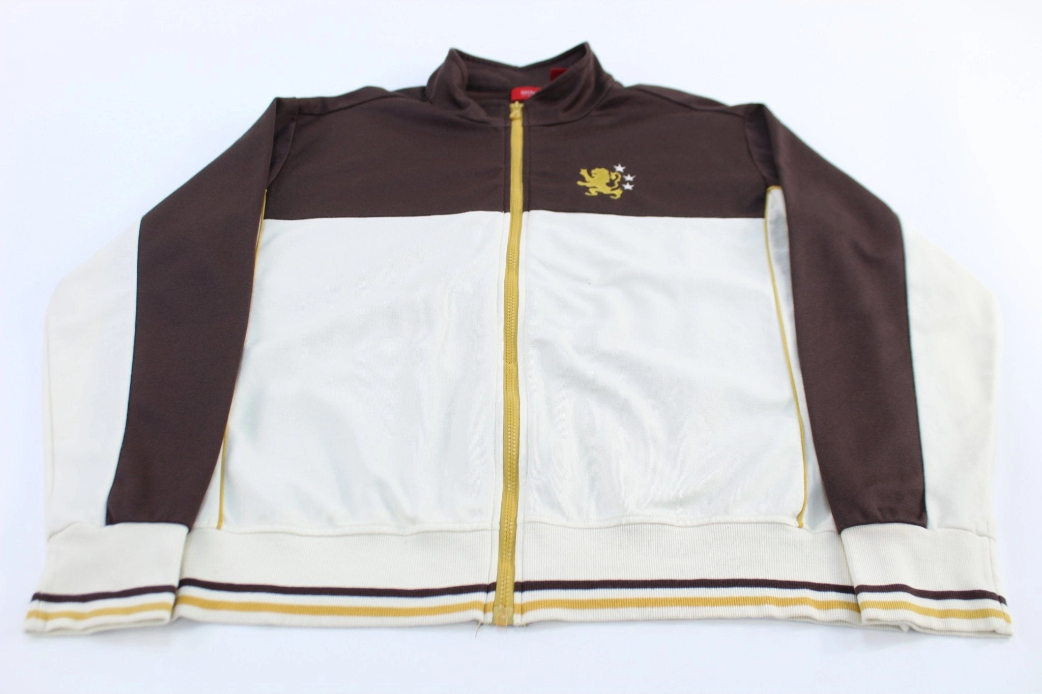 Mossimo Embroidered Logo Brown, Cream, & Yellow Track Jacket Active Wear