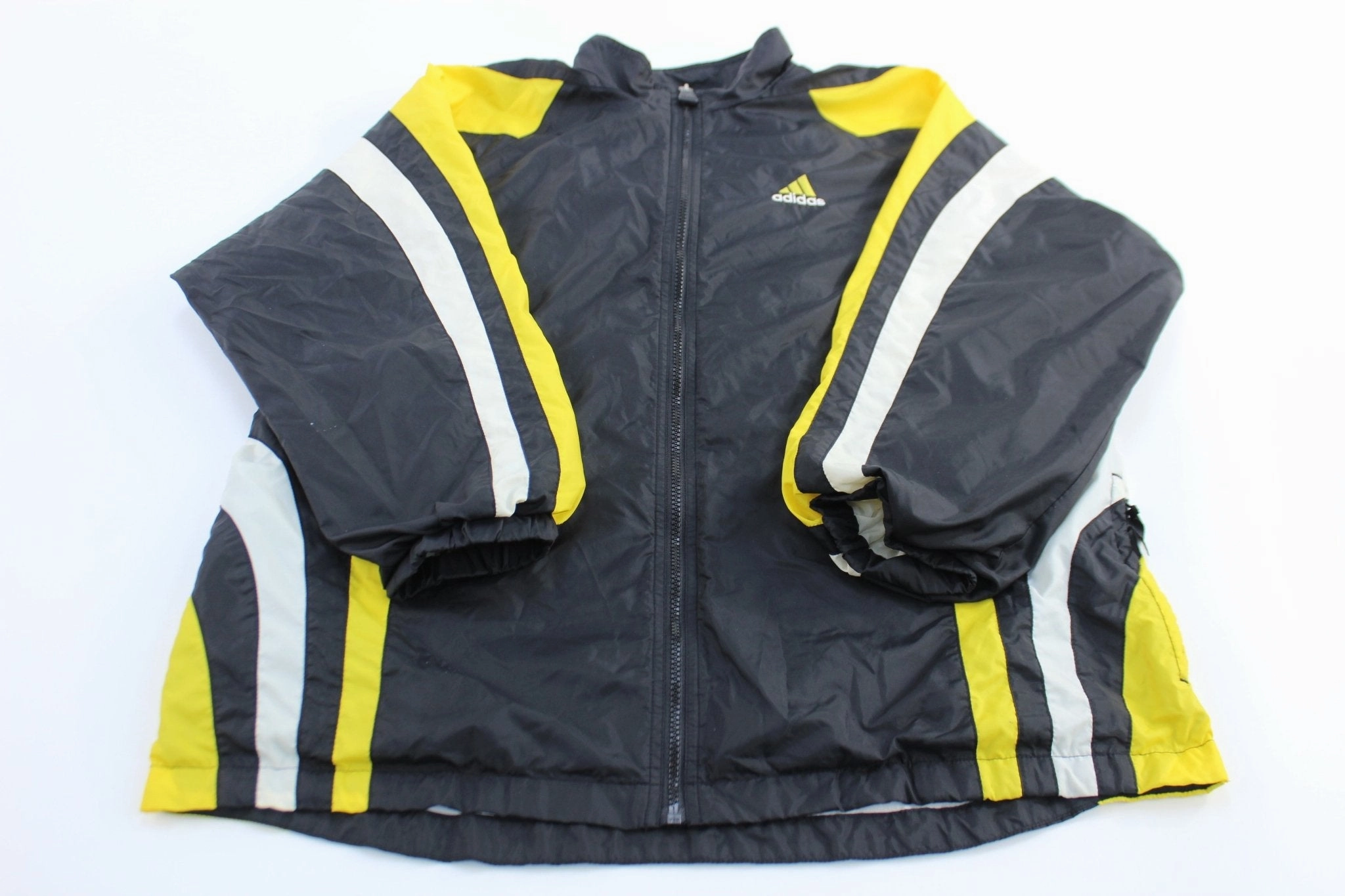 waist length Youth 90's Adidas Embroidered Logo Black, White, & Yellow Zip Up Jacket