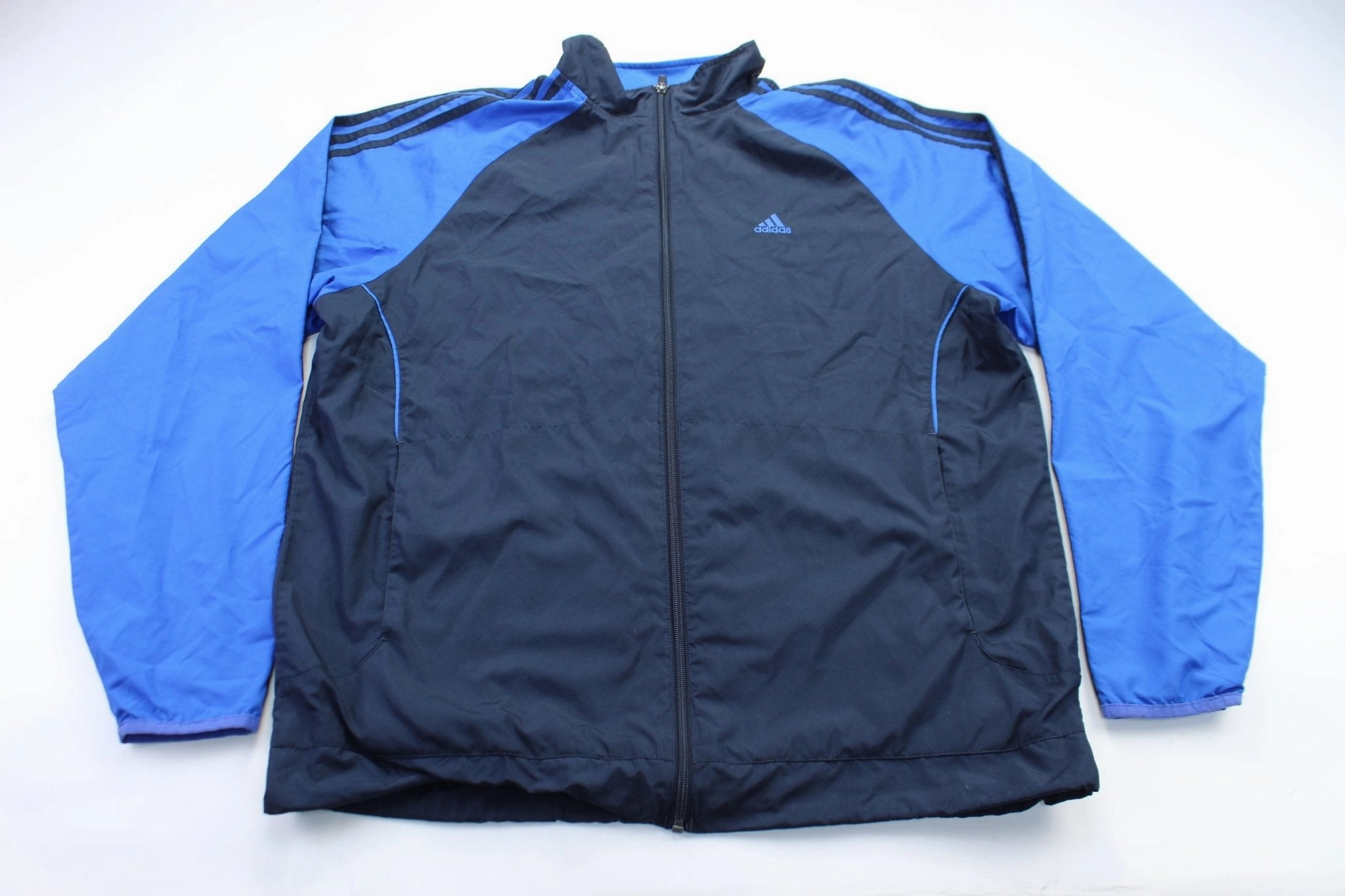 Fashion Finish Focus Adidas Embroidered Logo Black & Blue Striped Jacket