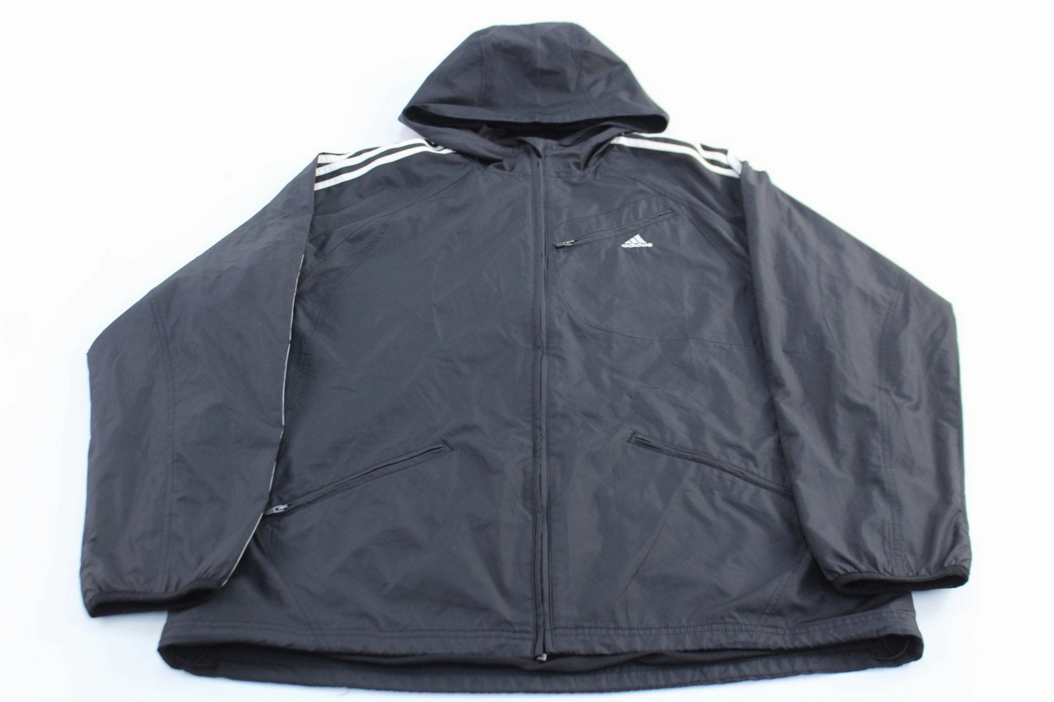 Hood Included Stretch Enhanced Mobility Adidas Embroidered Logo Black & White Striped Zip Up Jacket