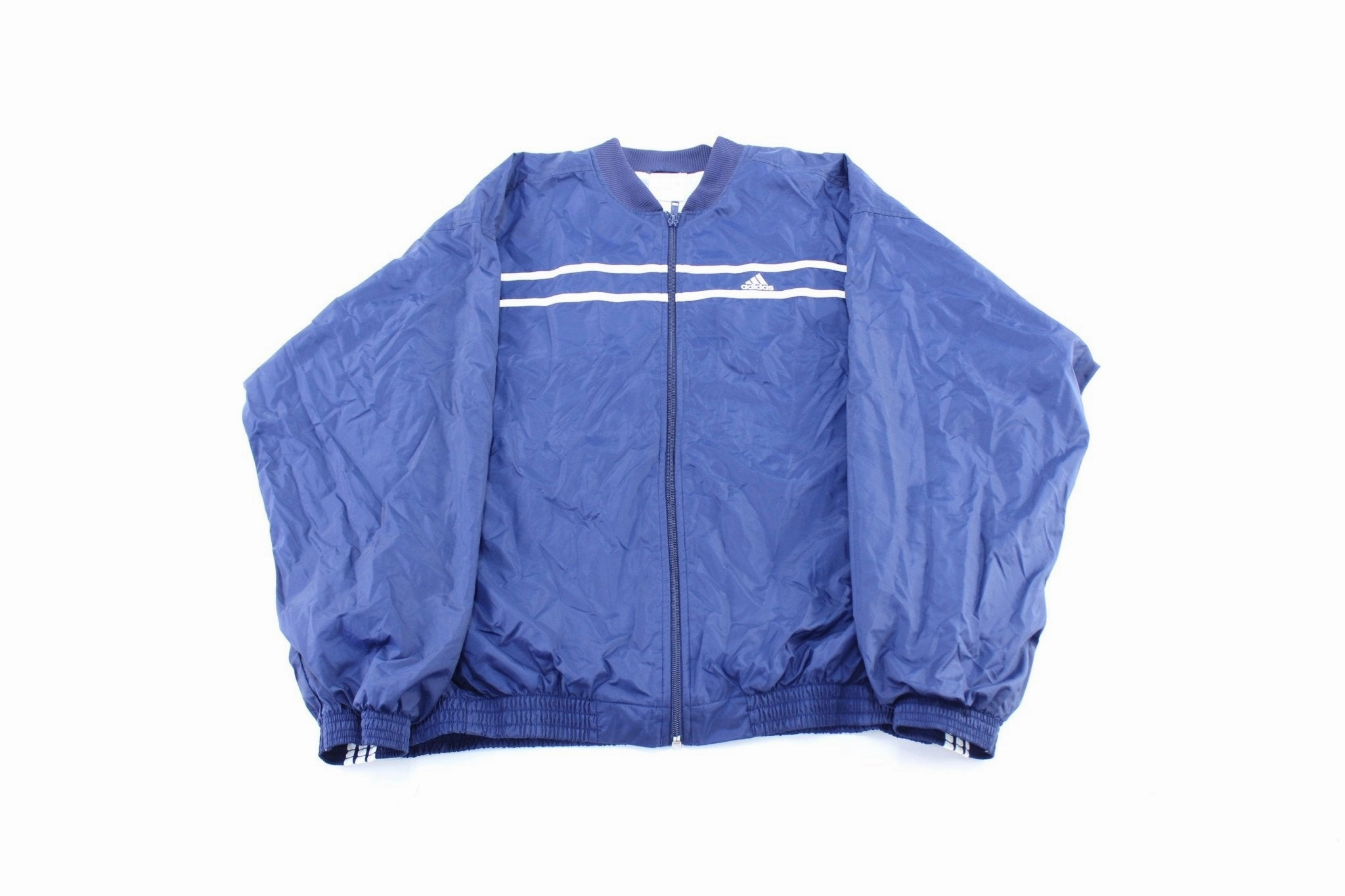 Cold Climate Button Adidas Embroidered Logo Blue & White Striped Windbreaker Jacket