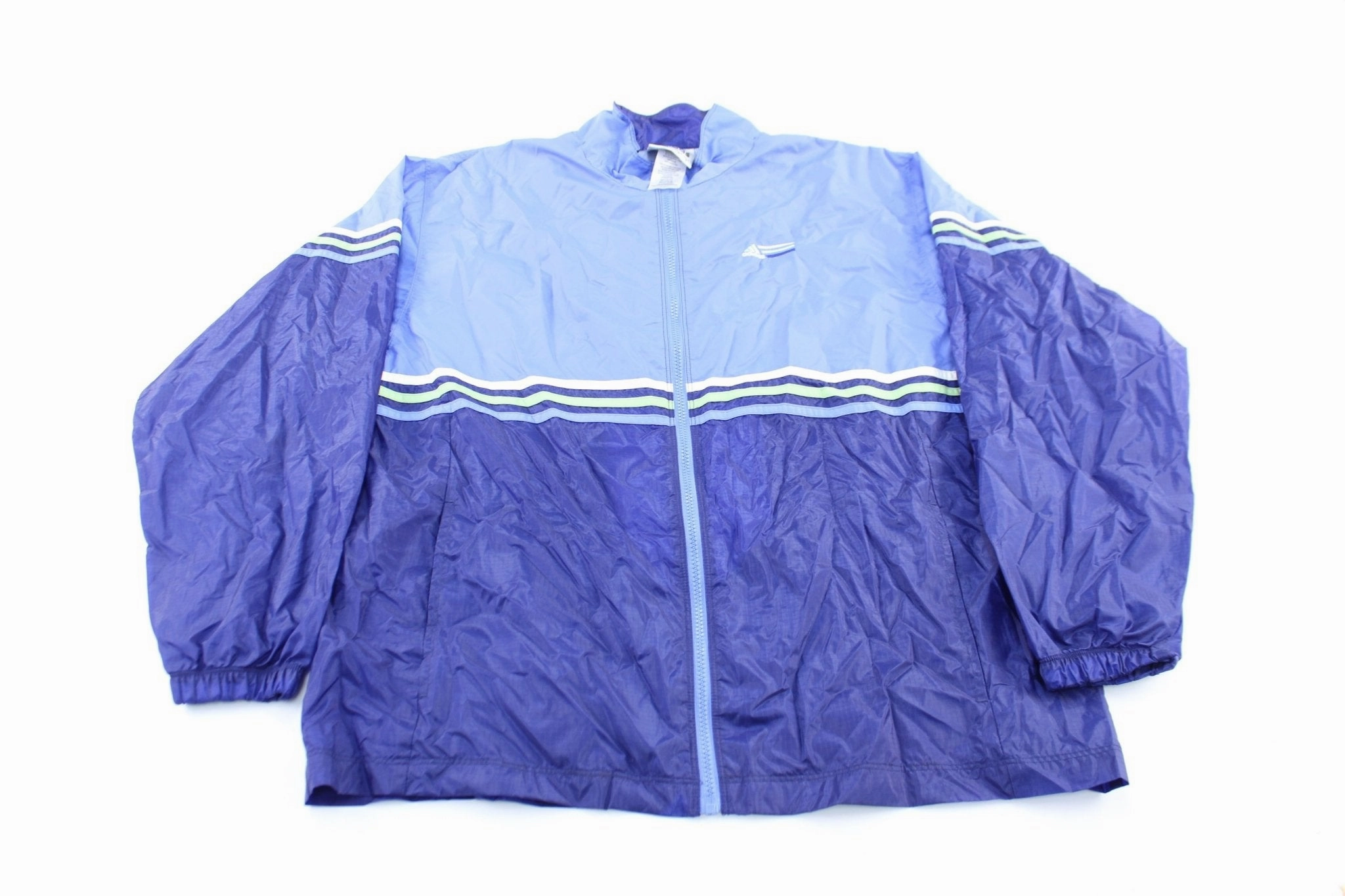 Adidas Embroidered Logo Blue, Green, & White Striped Zip Up Jacket Functional Fit Layer Match