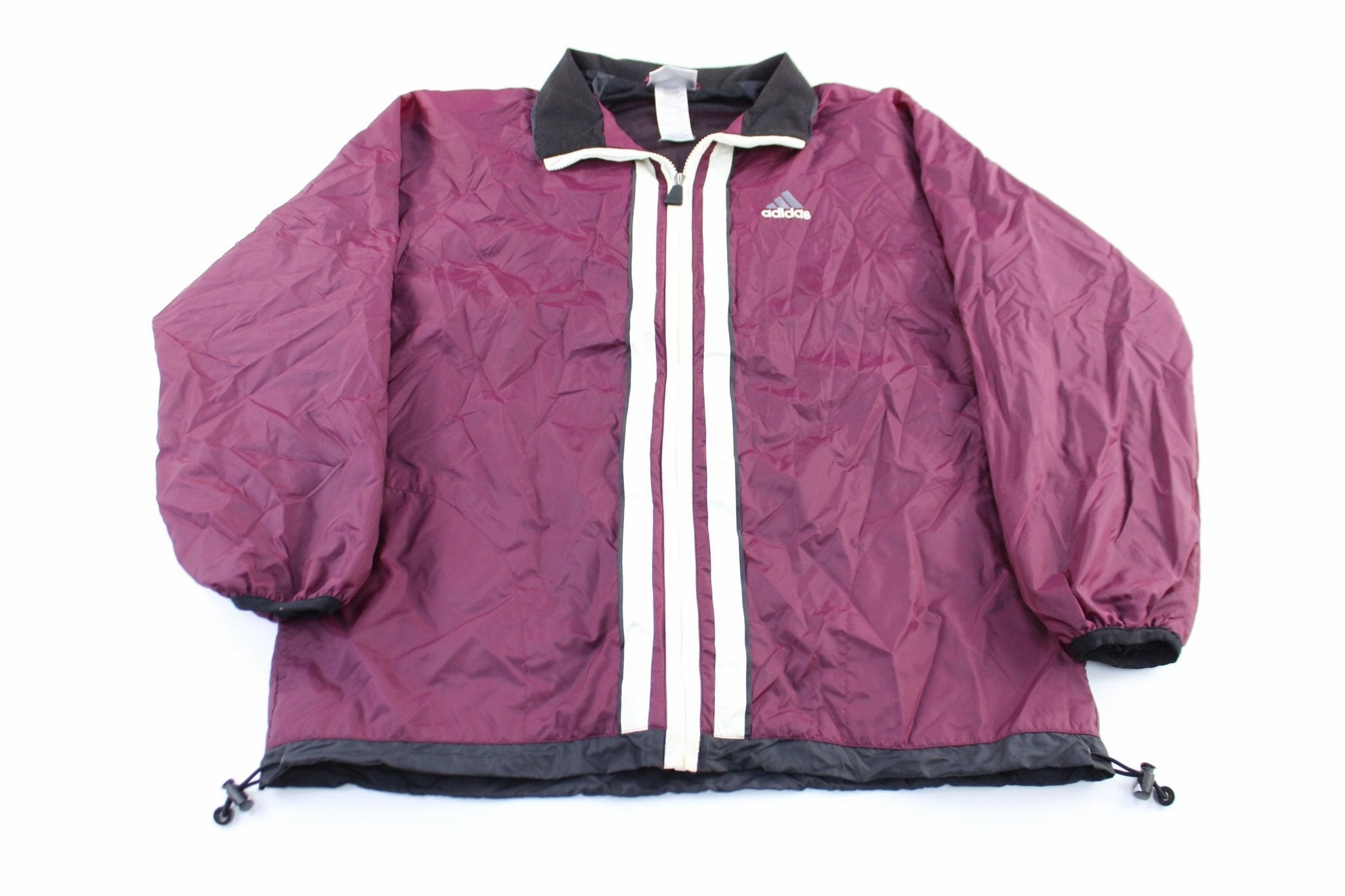 Dual Layer Ventilation Wilderness Ready Adidas Embroidered Logo Burgundy, Black, & White Striped Zip Up Jacket