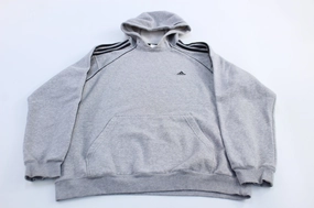 Heavy Duty Zipper Urban Travel Adidas Embroidered Logo Grey & Black Striped Pullover Hoodie