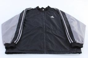 Adidas Embroidered Logo Grey & Black Striped Zip Up Jacket Hook and loop fasteners Rainy Season