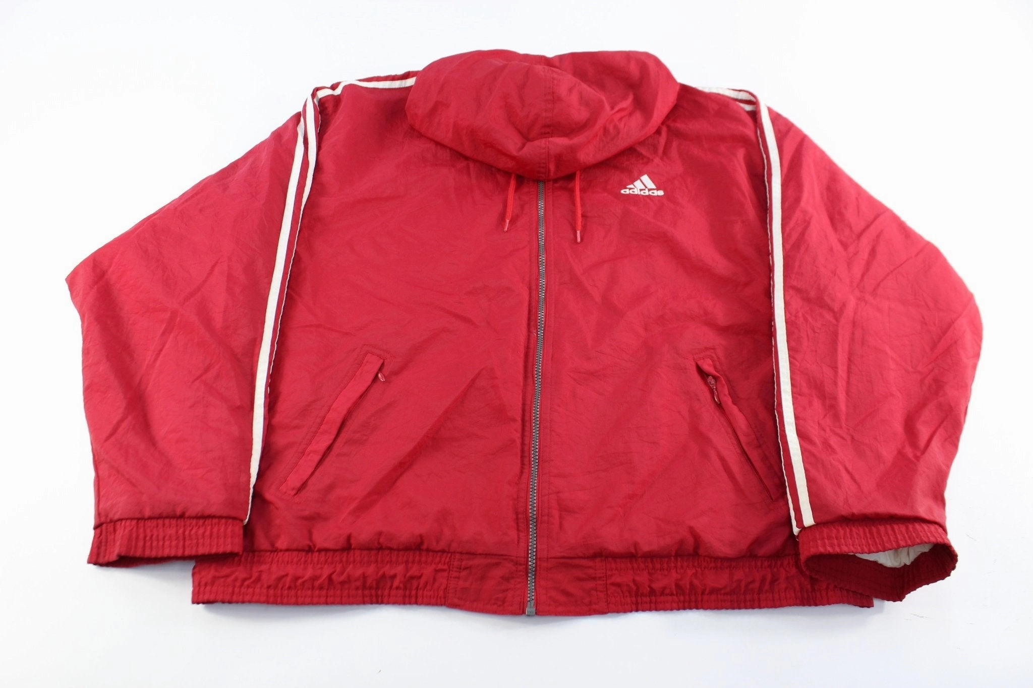 All Season Adidas Embroidered Logo Red & White Striped Zip Up Jacket