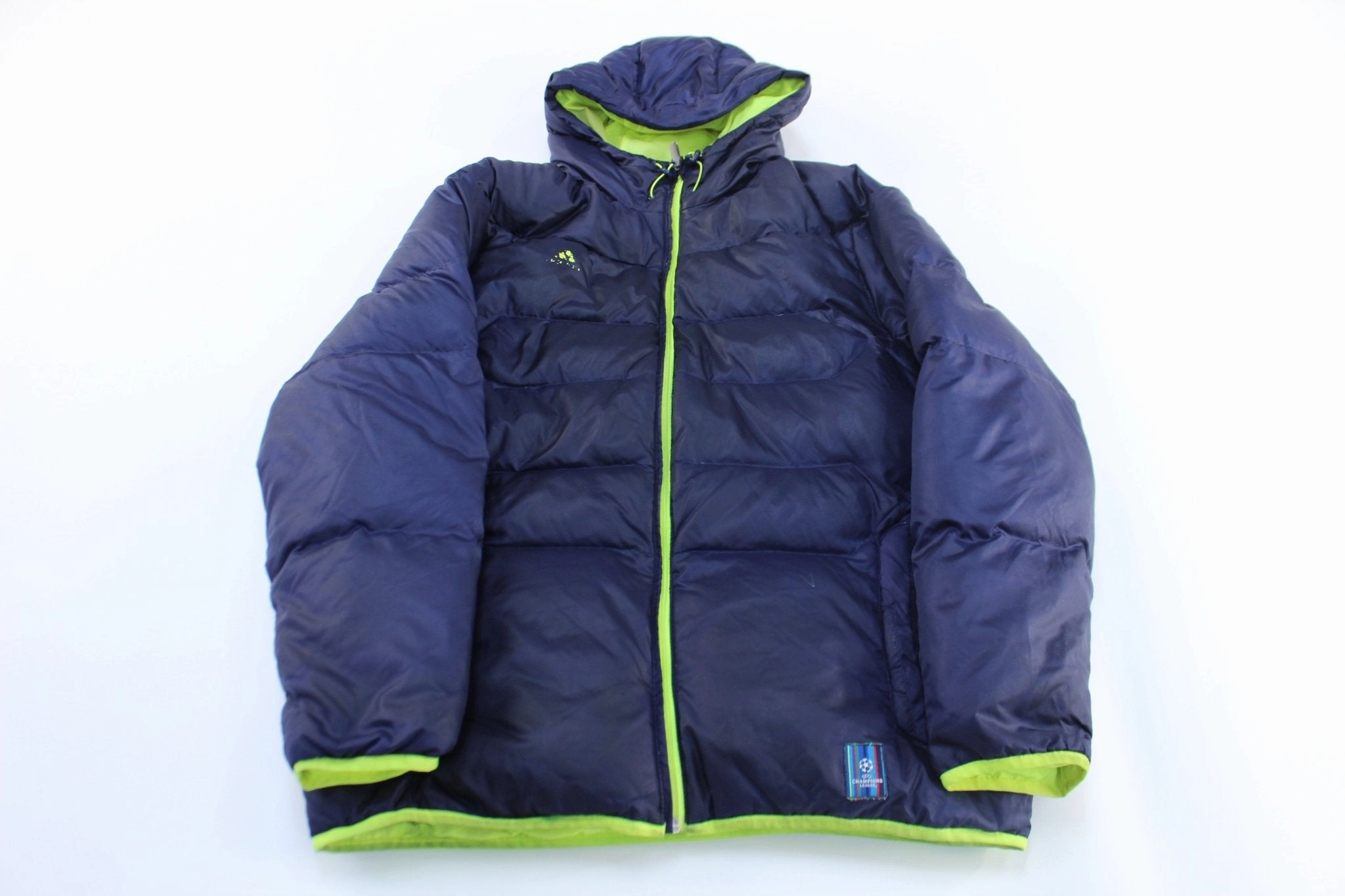 Adidas Logo Navy Blue & Neon UEFA Soccer Puffer Jacket Valentine's look Describe