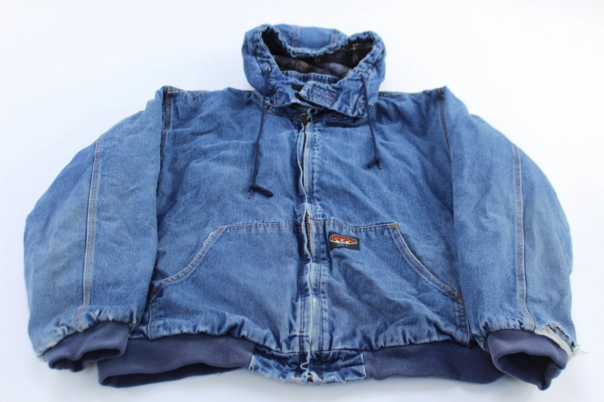 Racsco FR Logo Patch Denim Flannel Lined Hooded Jacket Padded collar