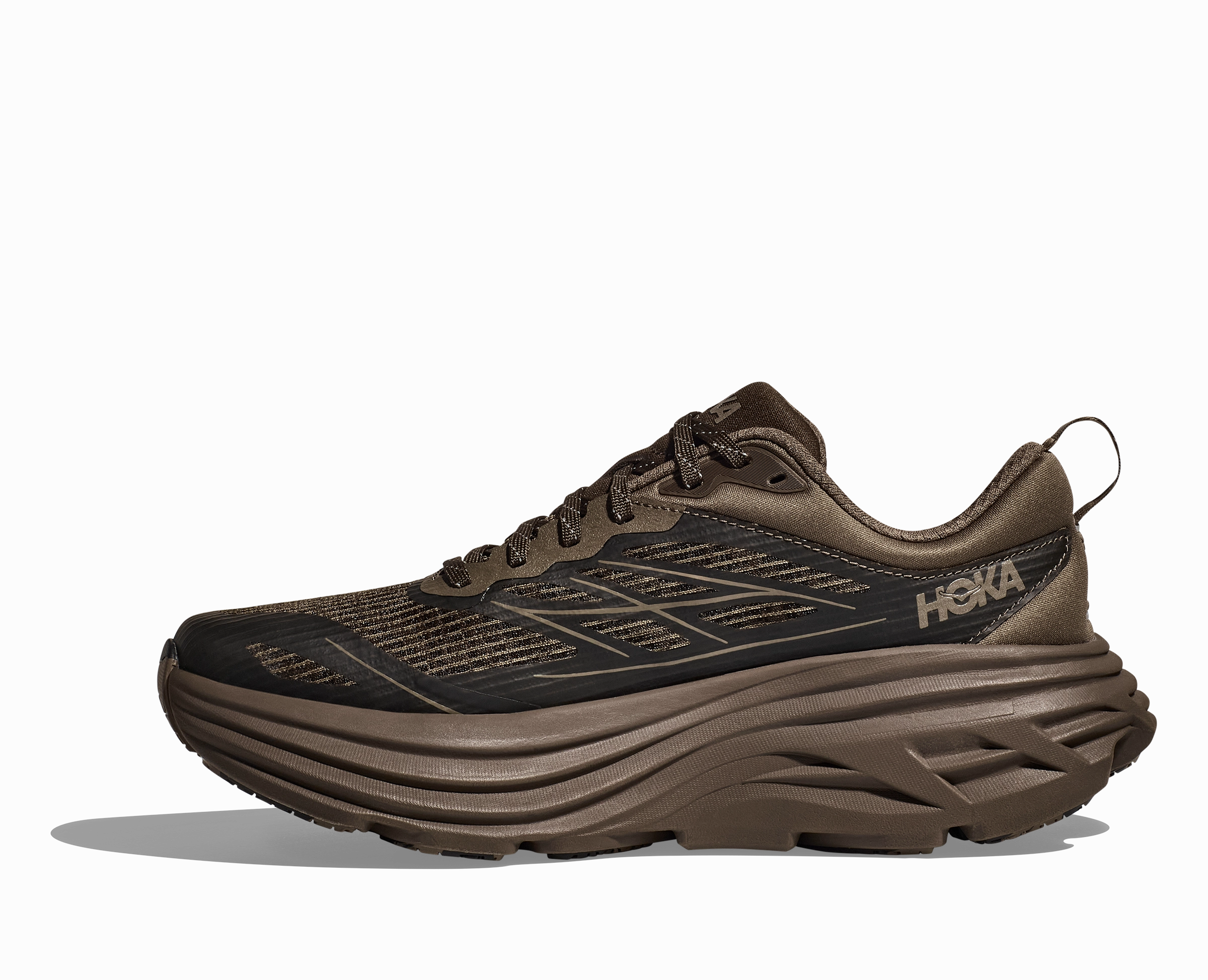 M U Bondi 8 TS Caged Umber/Deep Umber Breathable Inserts running in a valley shoes