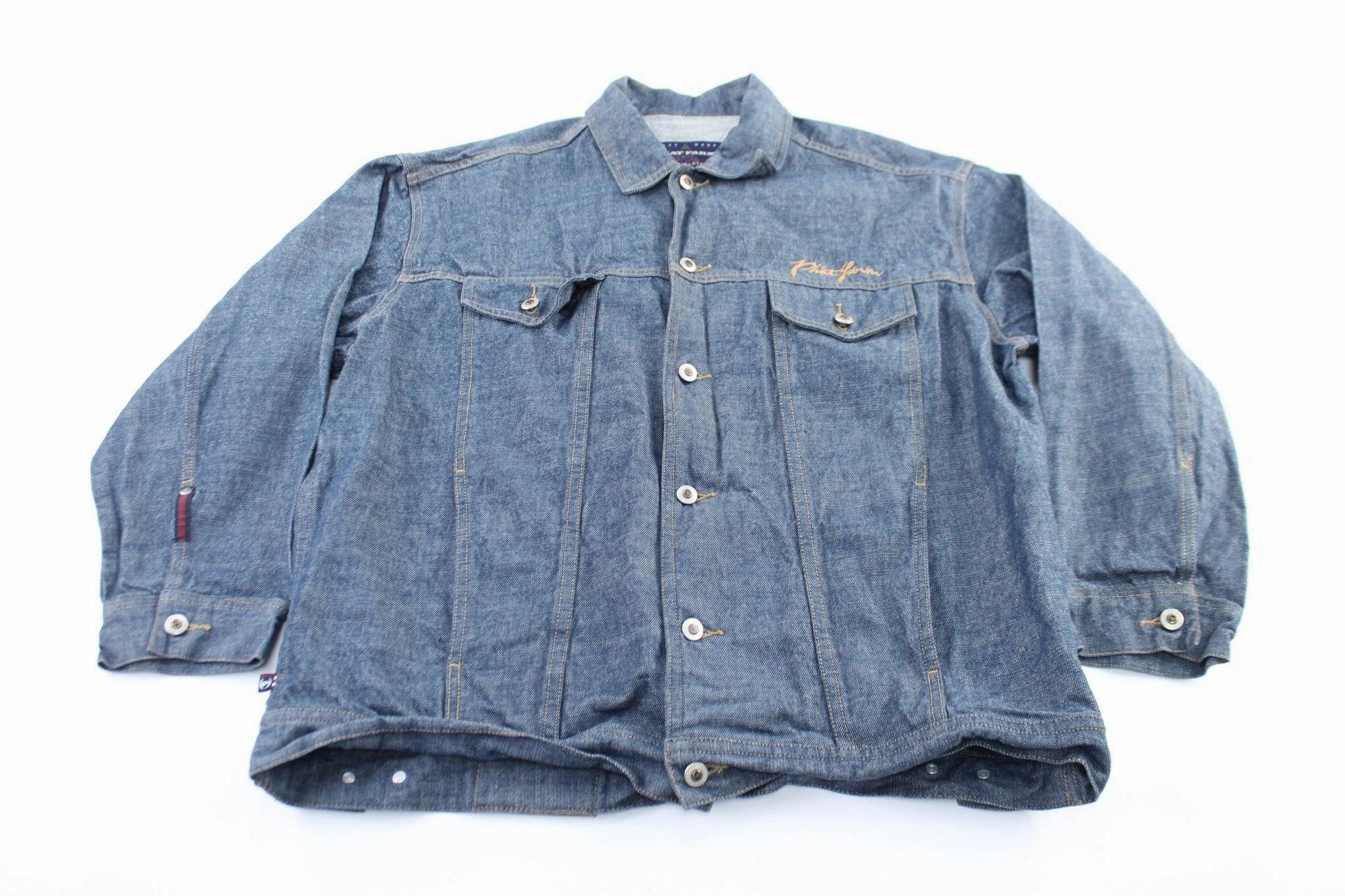 Y2K Phat Farm Embroidered Button Fly Denim Jacket Bonded Shoulder Guards