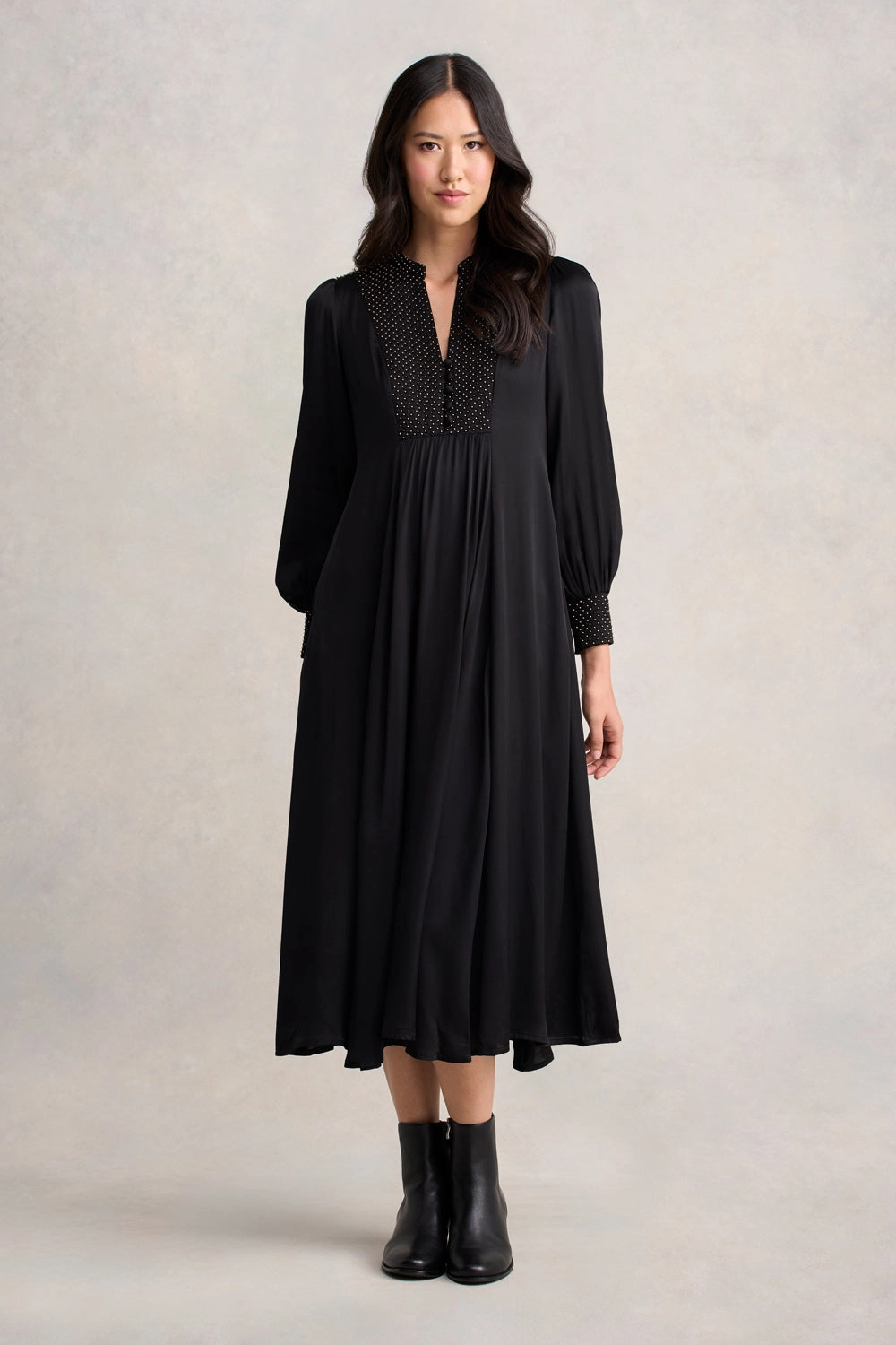 Unisex Option Flattering Fit for All Beaded Smock Dress - Black