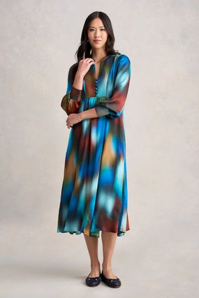 Kimono-Sleeve Beaded Smock Dress - Ombre Print