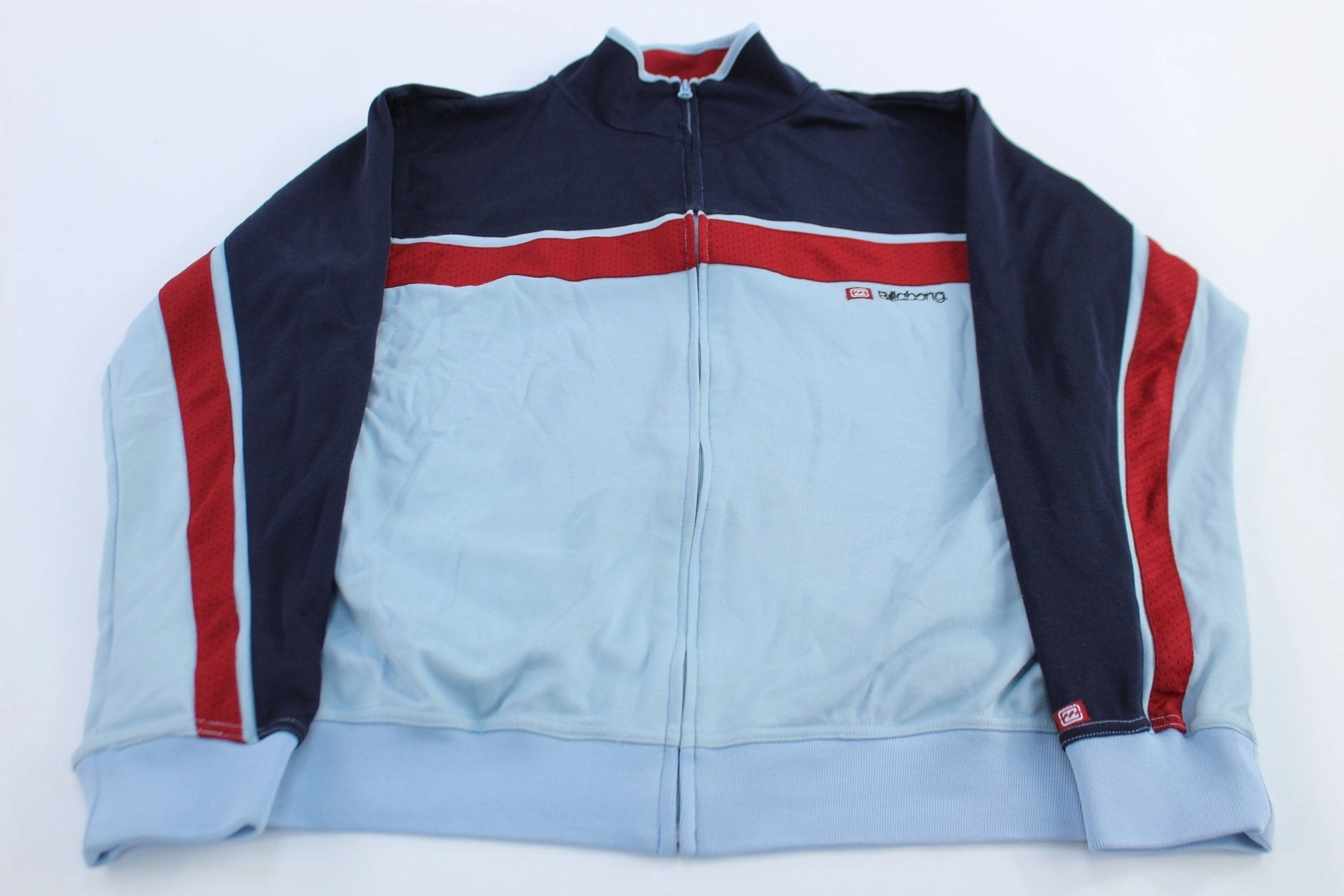 Billabong Embroidered Logo Red & Blue Striped Track Jacket Magnetic Closure Details