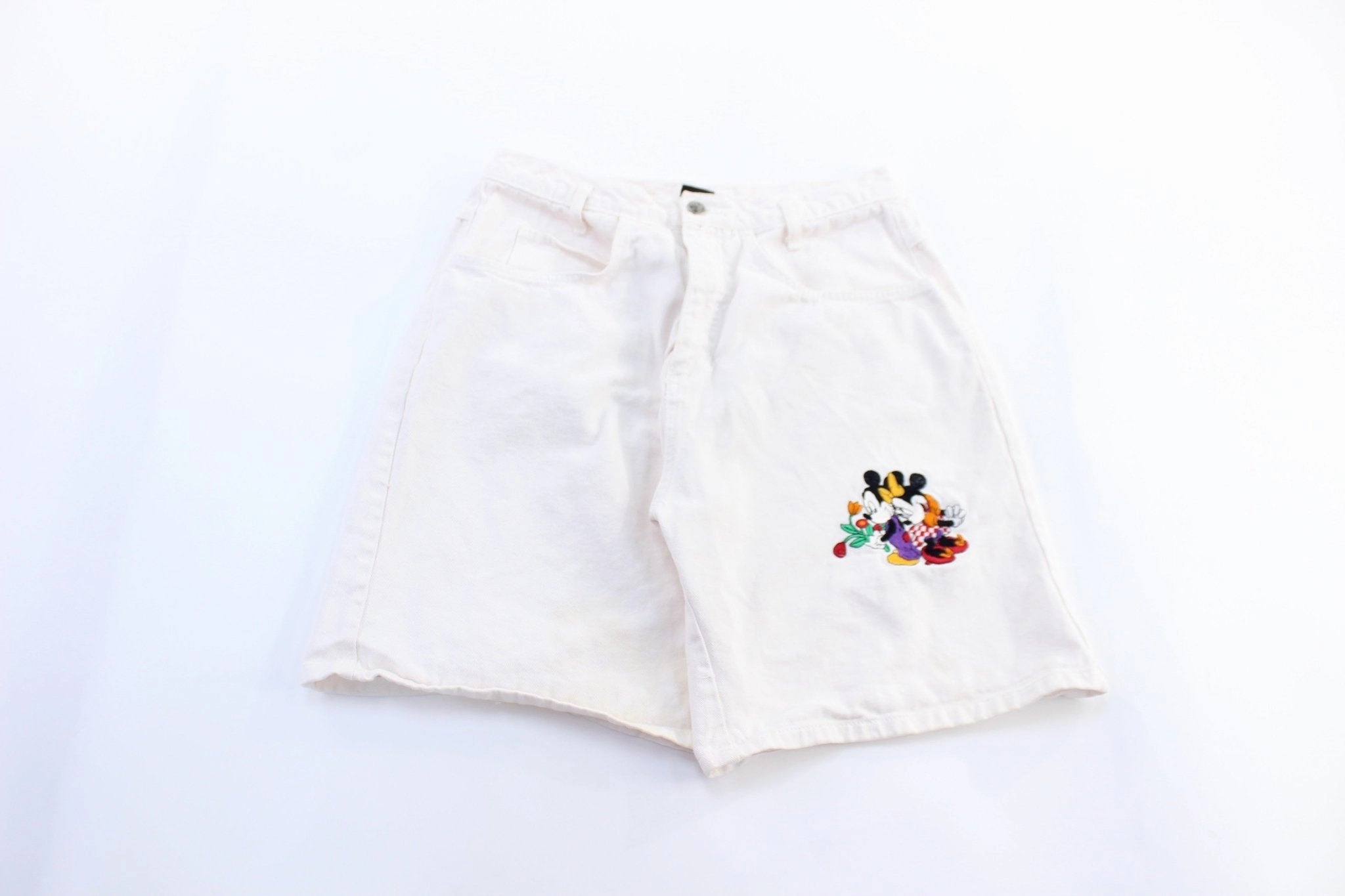 Comfort Base Vintage Mickey Unlimited Embroidered White Denim Shorts