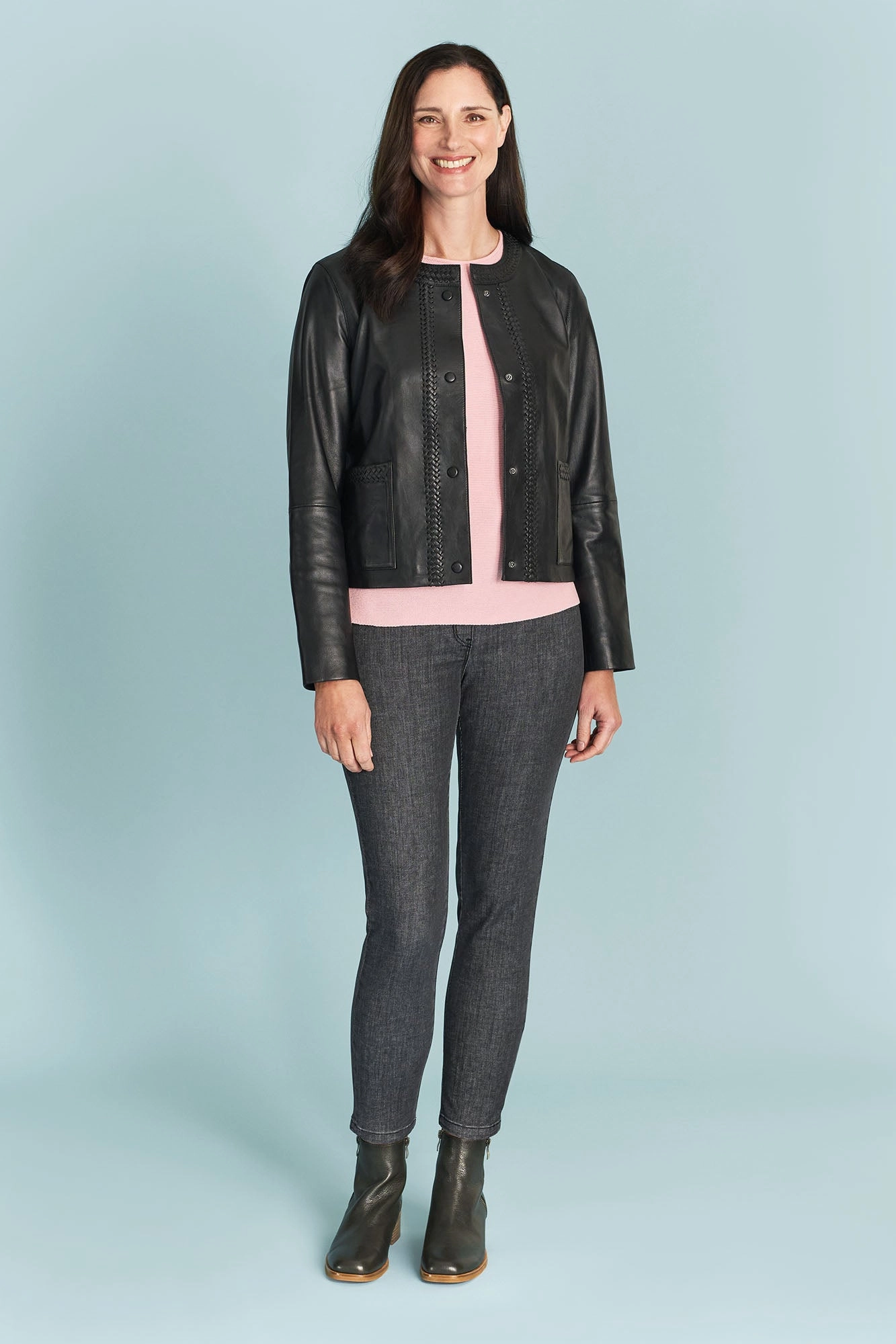 Quick drying material Braid Detail Leather Jacket - Black