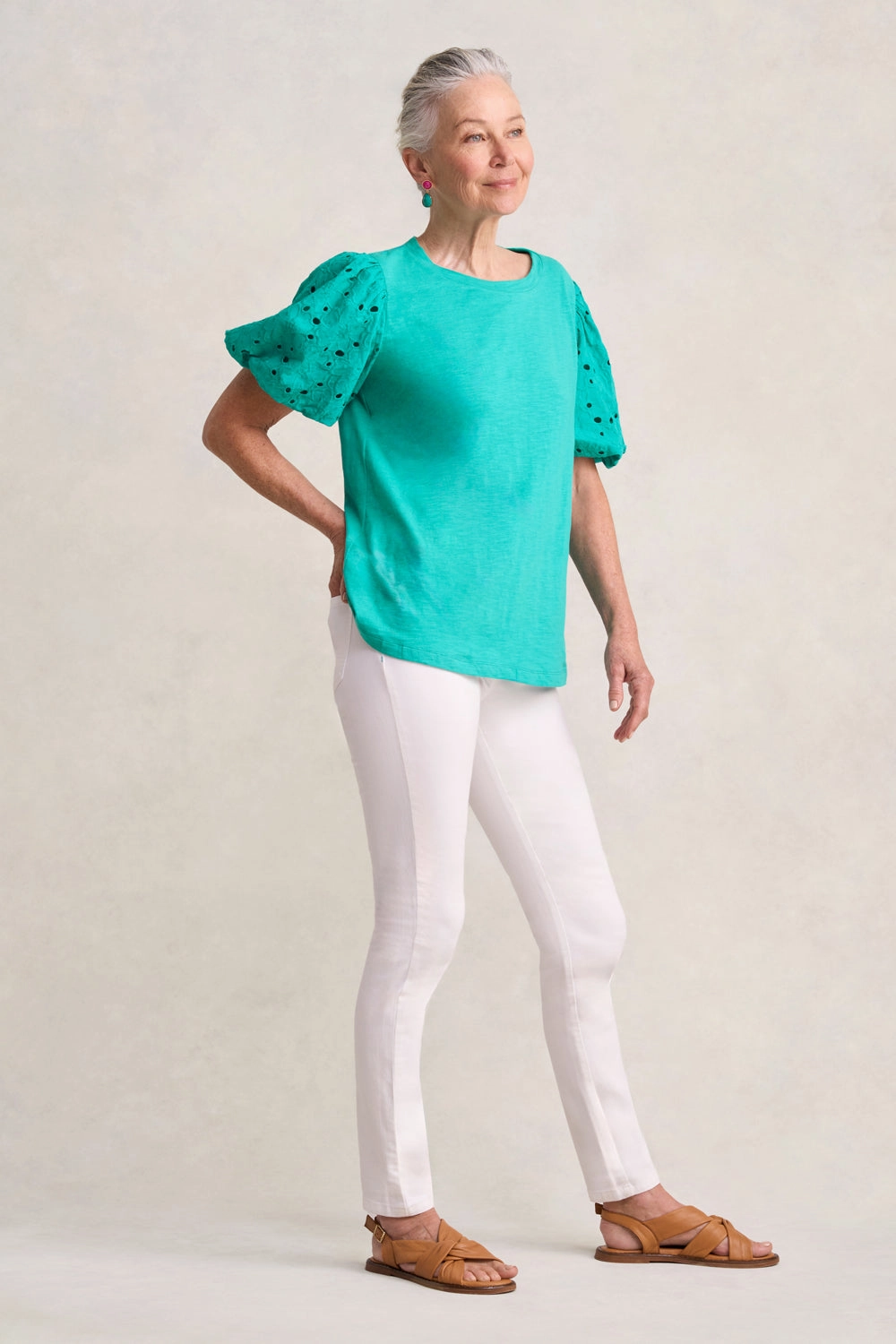 Broderie Sleeve Cotton T-Shirt - Viridian BondedShoulder ThermalRegulating Fabric